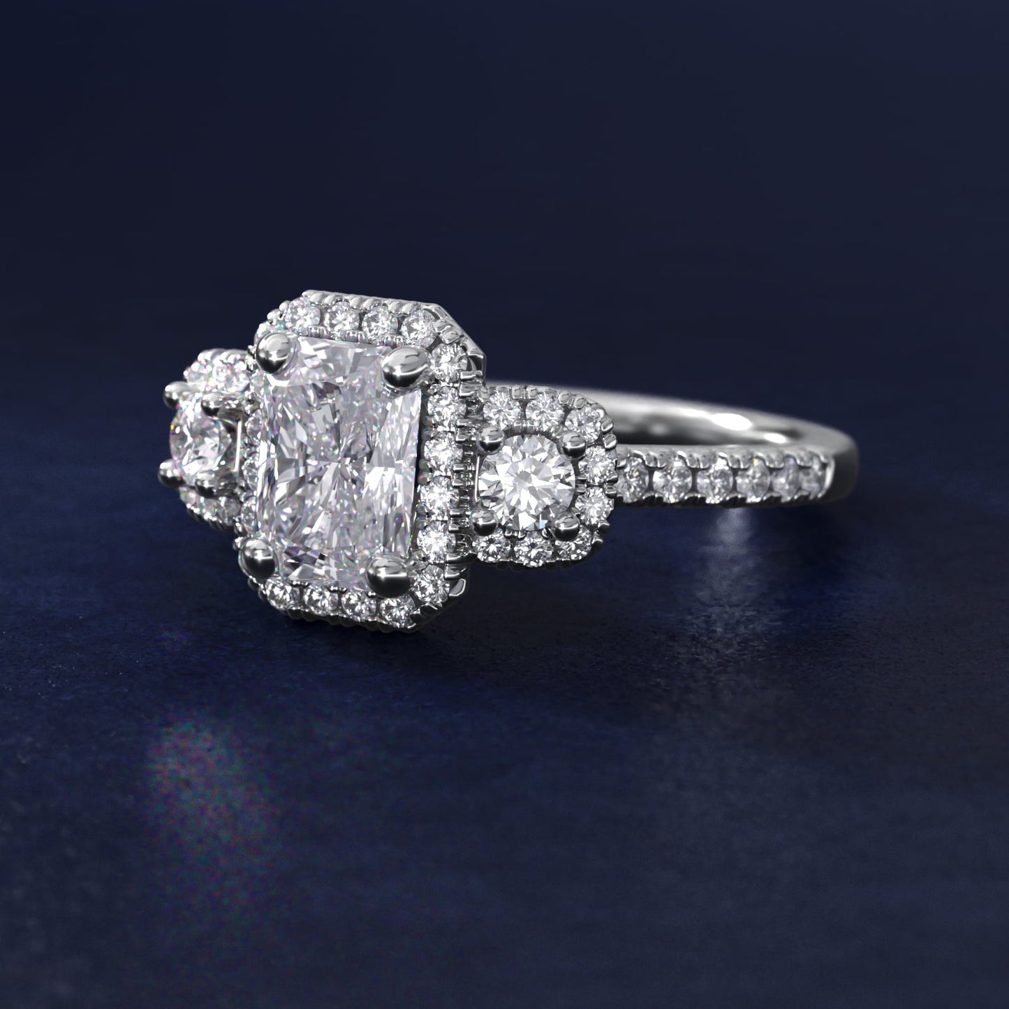 Three-Stone Cushion Halo Diamond Engagement Ring in 14k White Gold - Radiant Center