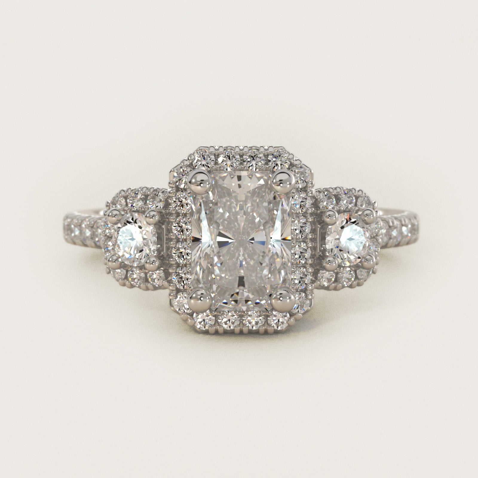 Three-Stone Cushion Halo Diamond Engagement Ring in 14k White Gold - Radiant Center