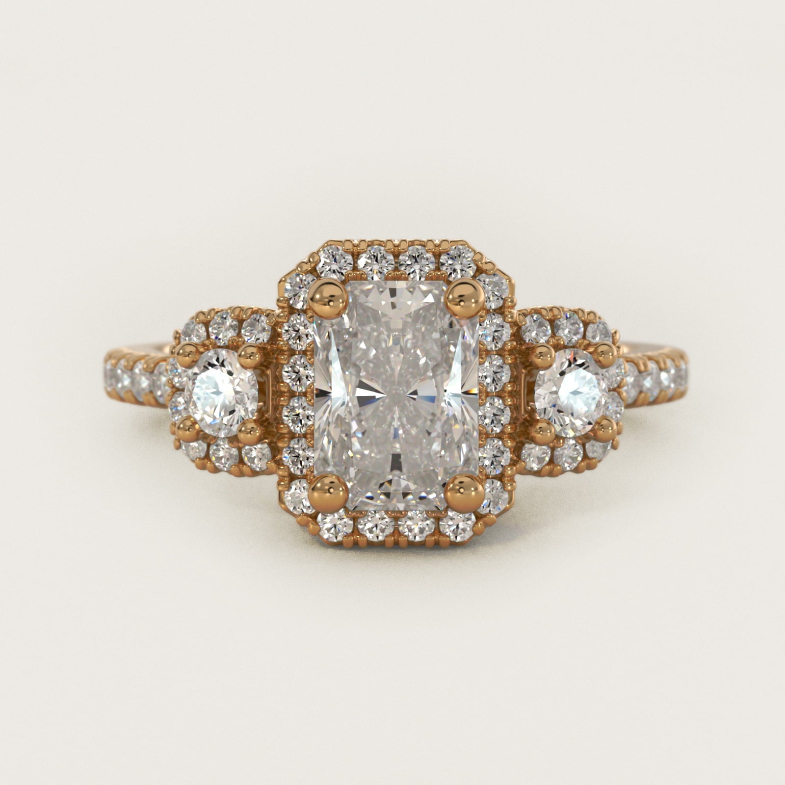 Three-Stone Cushion Halo Diamond Engagement Ring in 14k Yellow Gold - Radiant Center