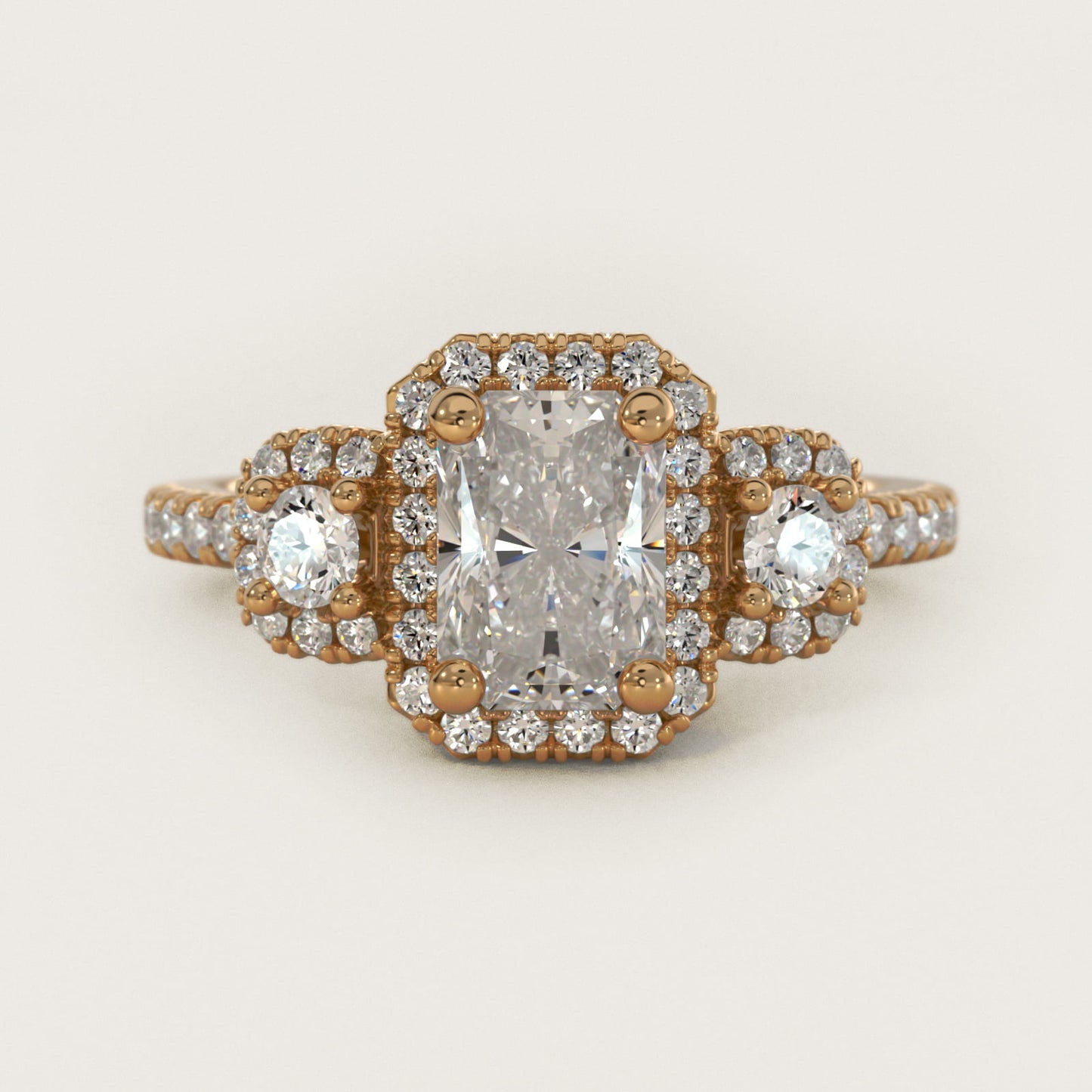 Three-Stone Cushion Halo Diamond Engagement Ring in 18k Yellow Gold - Radiant Center