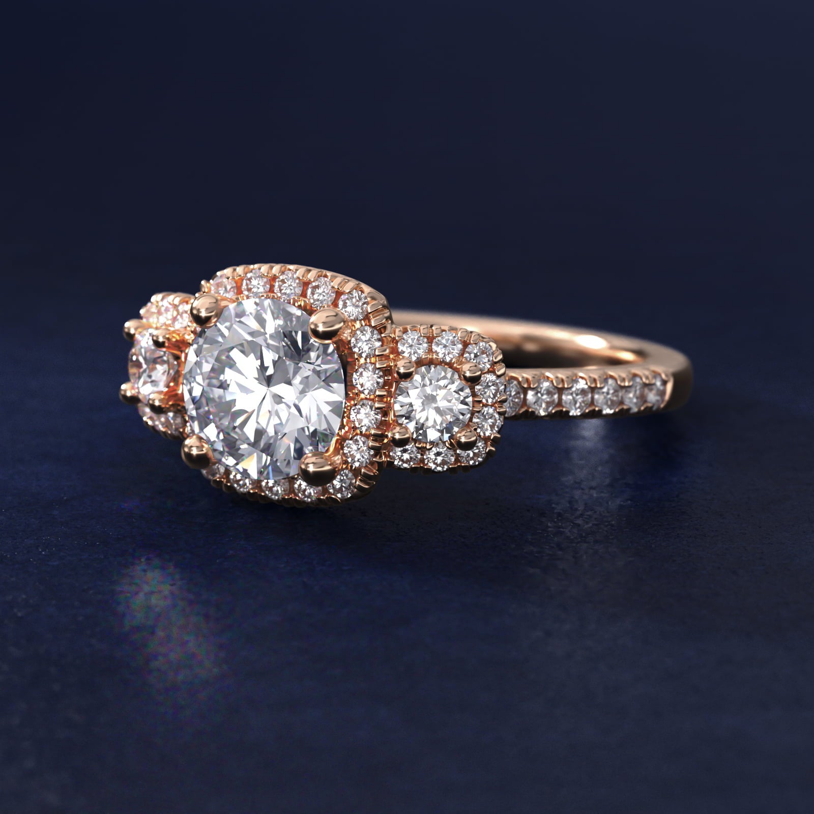 Three-Stone Cushion Halo Diamond Engagement Ring in 14k Rose Gold - Round Center