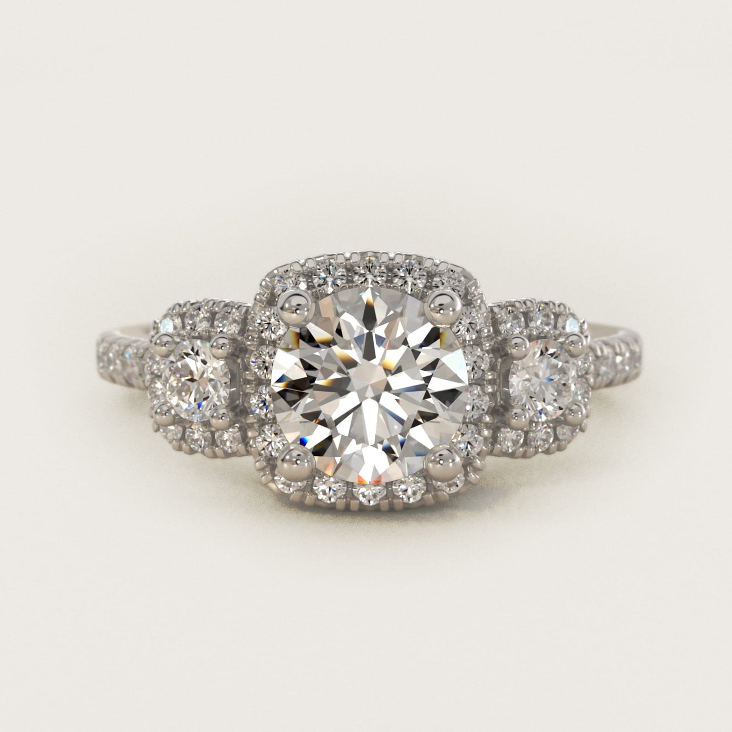 Three-Stone Cushion Halo Diamond Engagement Ring in 18k White Gold - Round Center
