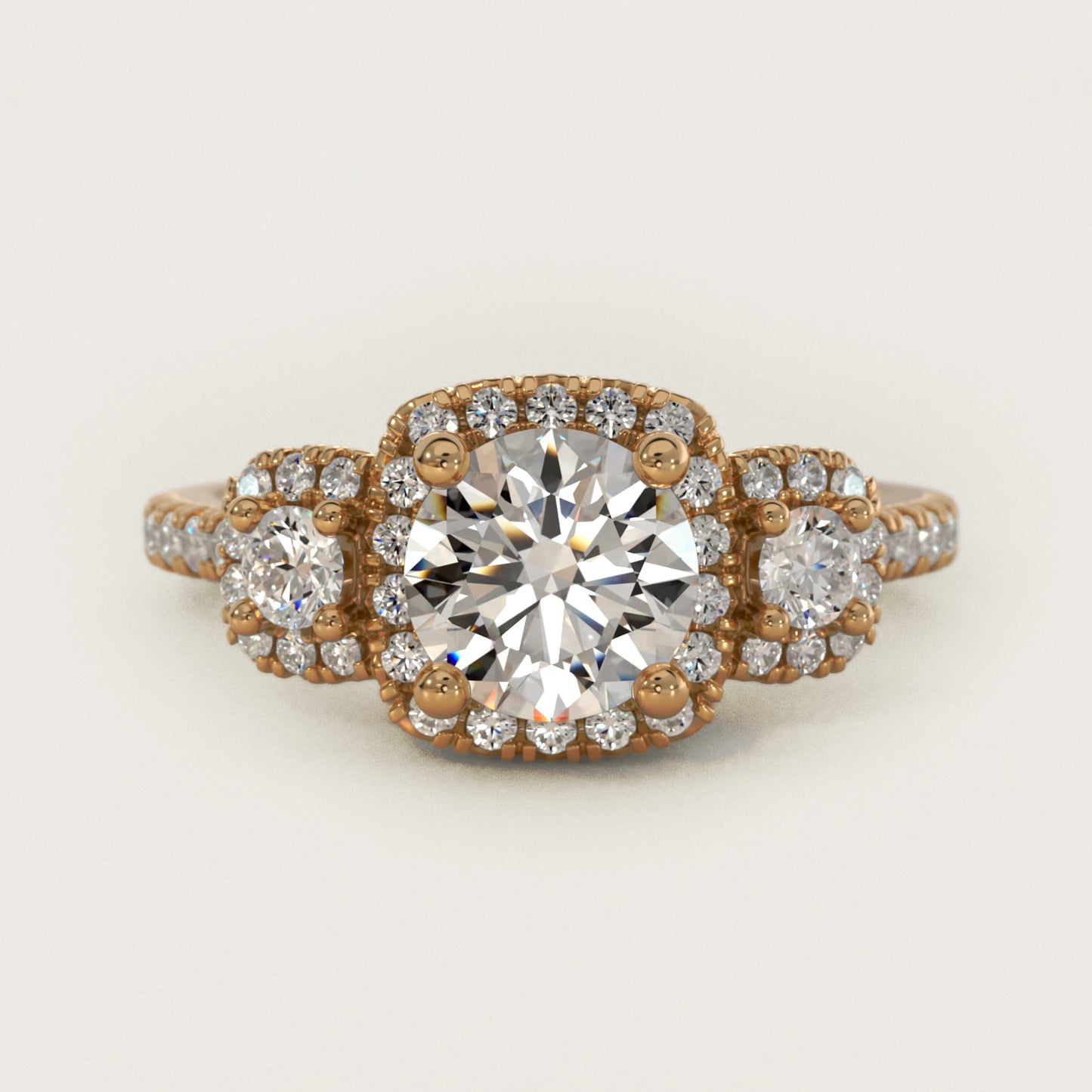 Three-Stone Cushion Halo Diamond Engagement Ring in 14k Yellow Gold - Round Center