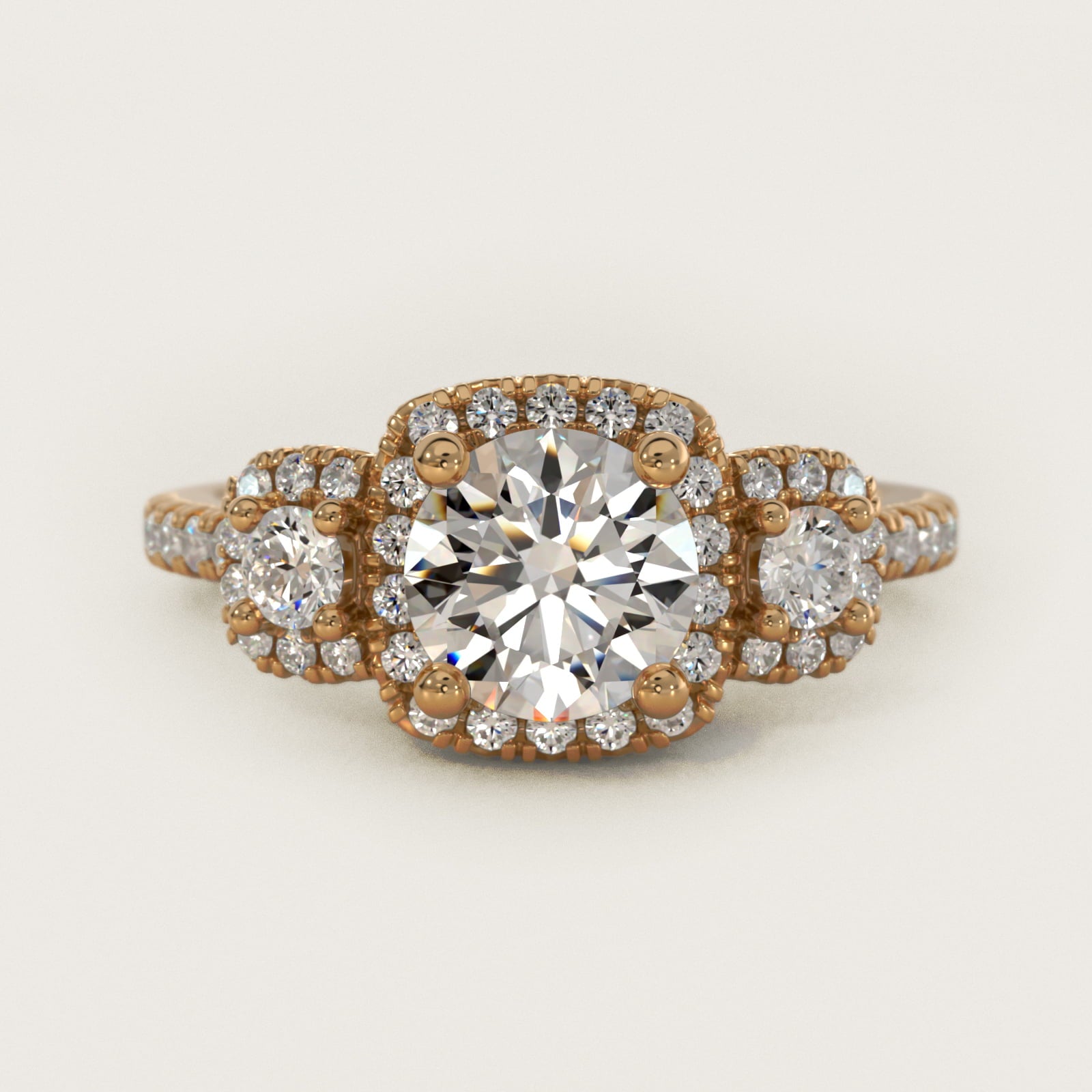 Three-Stone Cushion Halo Diamond Engagement Ring in 14k Yellow Gold - Round Center