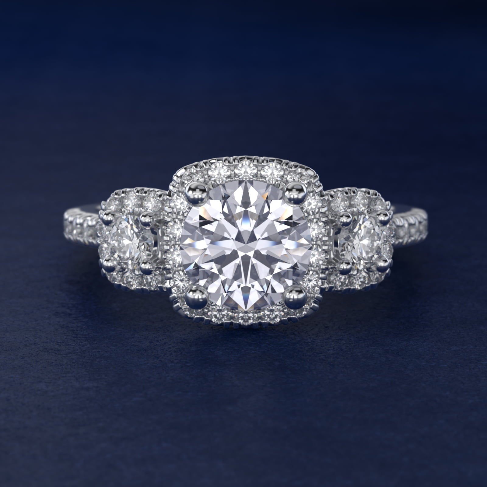 Three-Stone Cushion Halo Diamond Engagement Ring in Platinum - Round Center