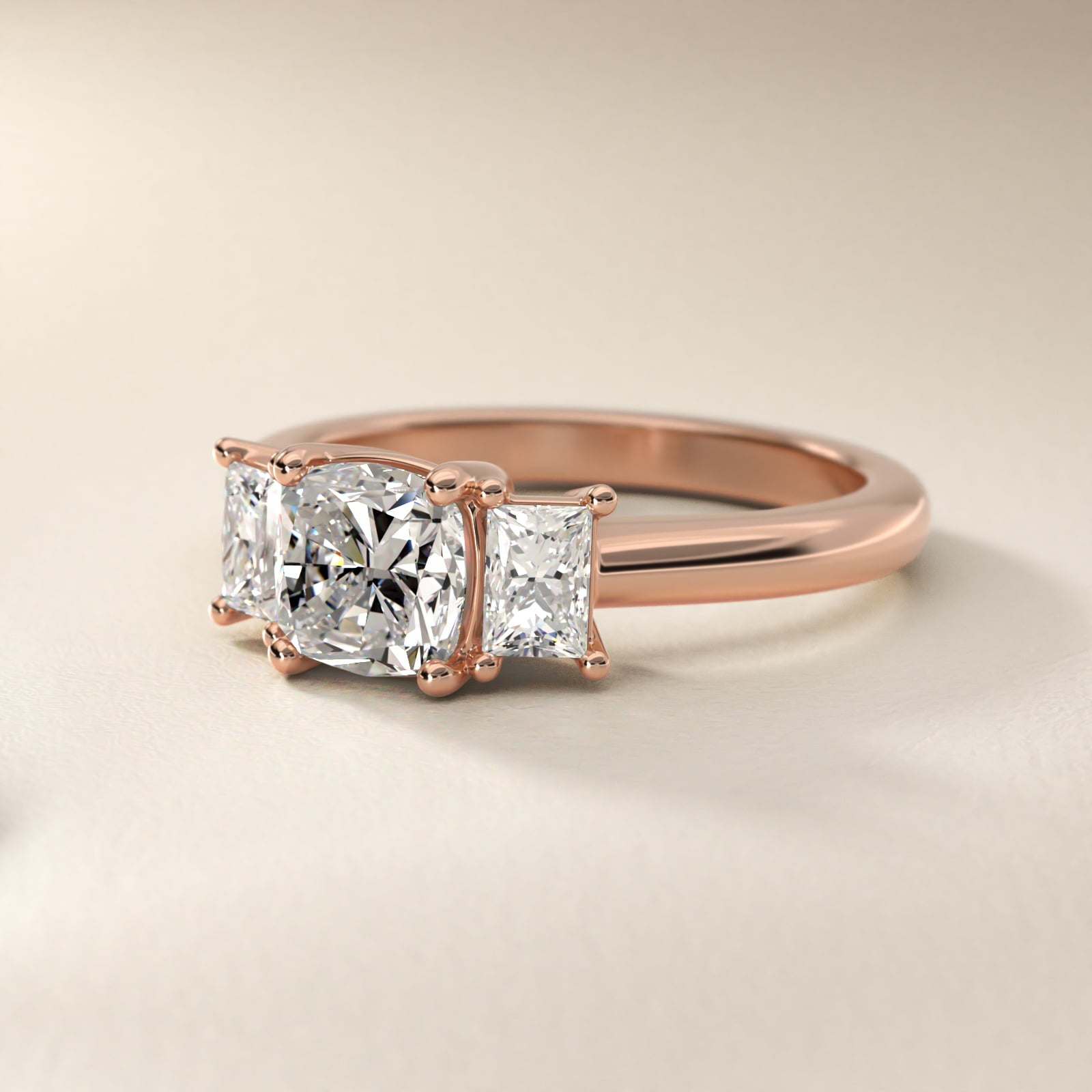 Three-Stone Elongated Princess Diamond Engagement Ring in 18k Rose Gold (1/2 ct. tw.) - Cushion Center
