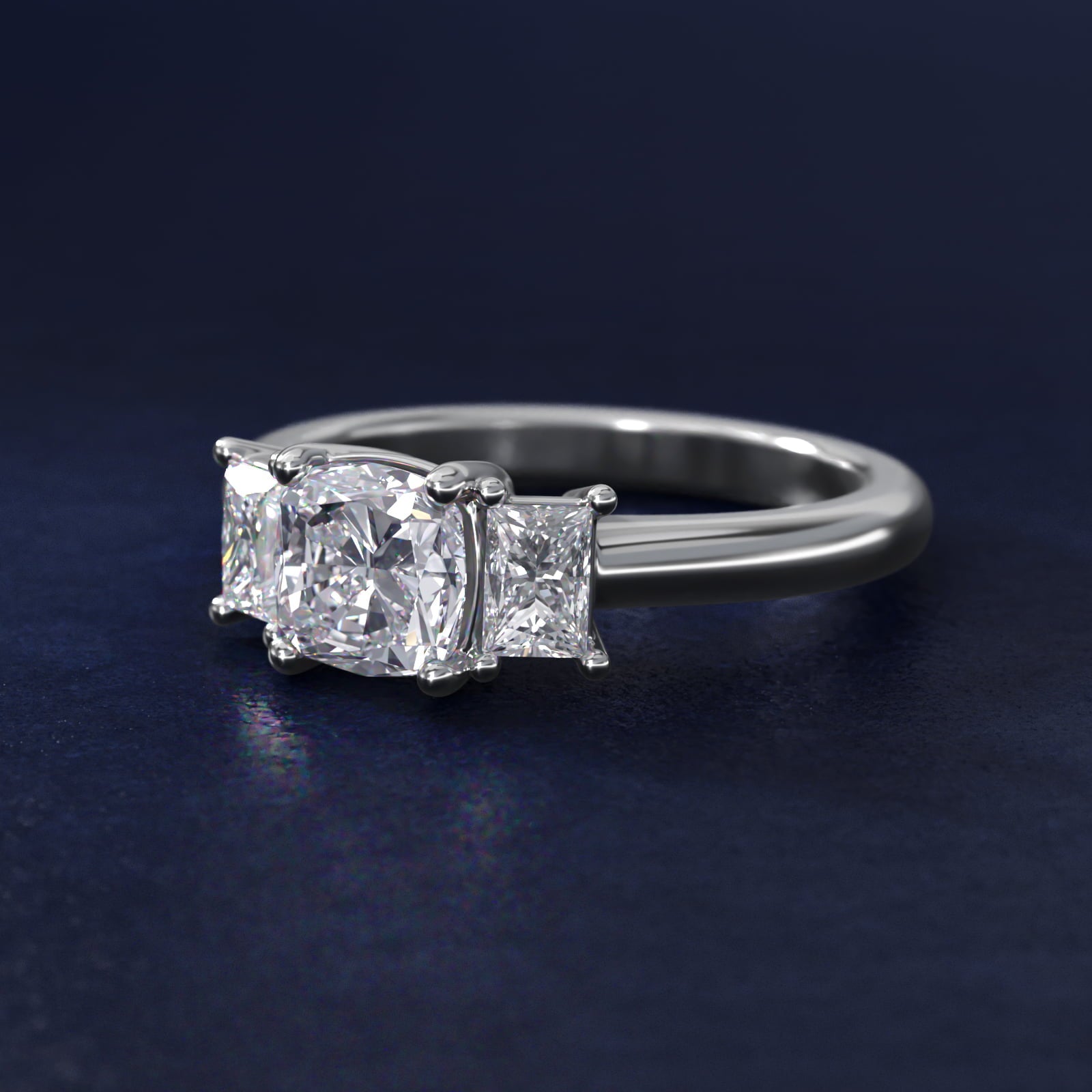 Three-Stone Elongated Princess Diamond Engagement Ring in 18k White Gold (1/2 ct. tw.) - Cushion Center