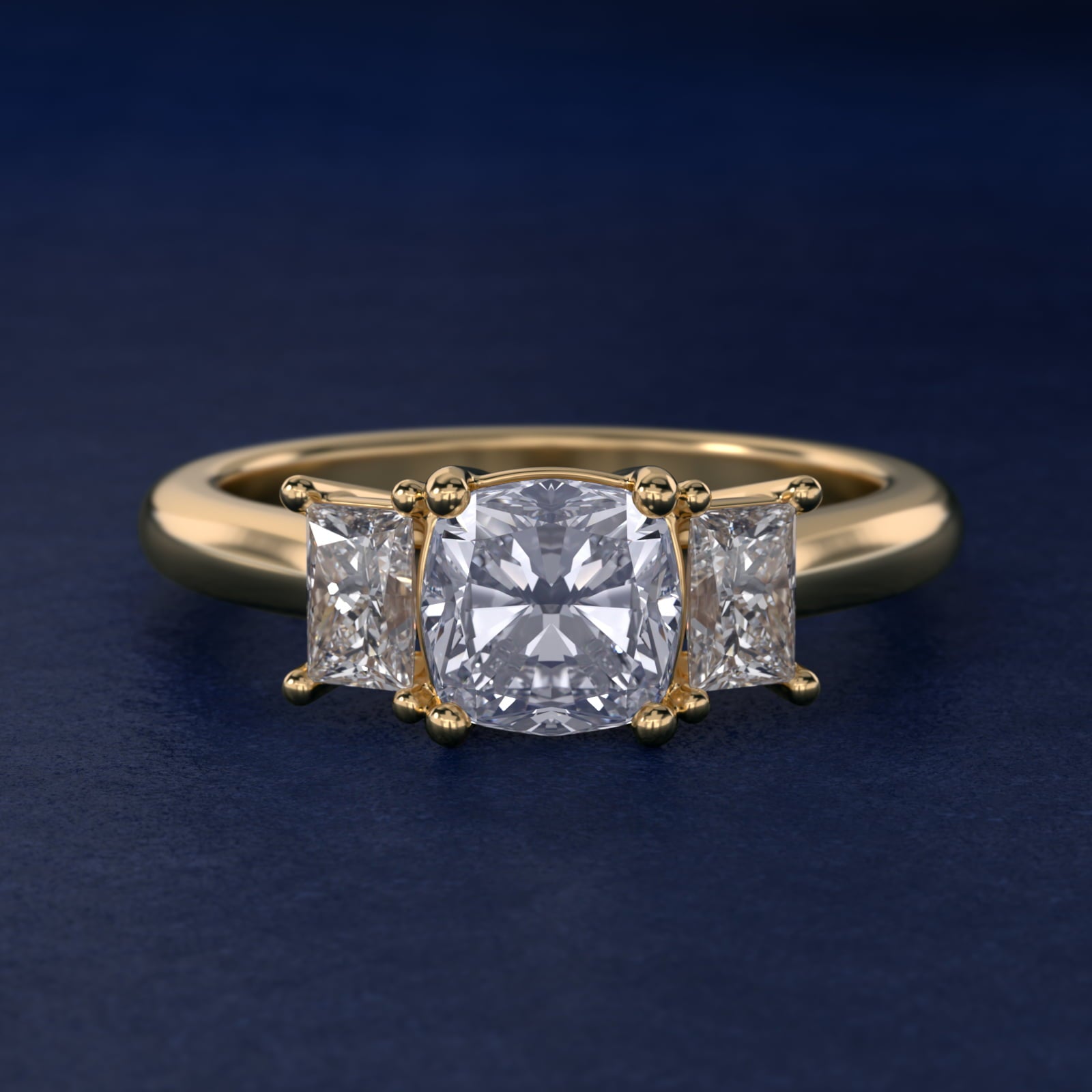 Three-Stone Elongated Princess Diamond Engagement Ring in 14K Yellow Gold (1/2 ct. tw.) - Cushion Center