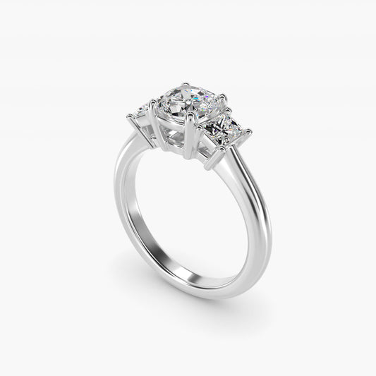 Three-Stone Elongated Princess Diamond Engagement Ring in Platinum (1/2 ct. tw.) - Cushion Center