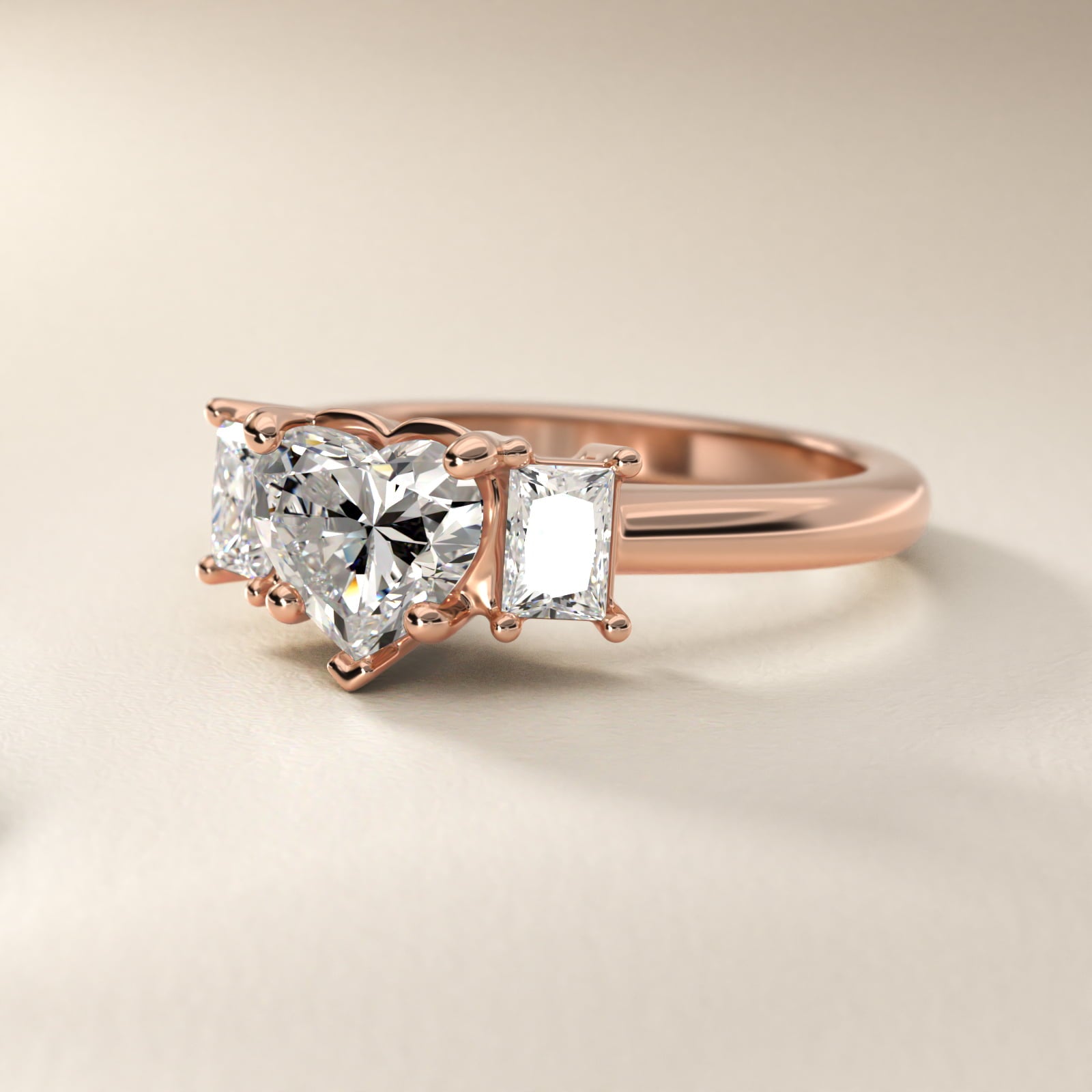 Three-Stone Elongated Princess Diamond Engagement Ring in 14k Rose Gold (1/2 ct. tw.) - Heart Center