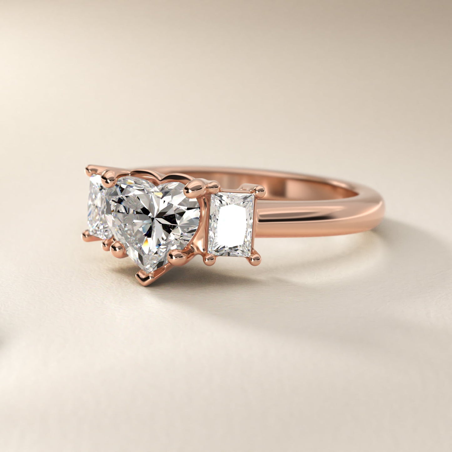Three-Stone Elongated Princess Diamond Engagement Ring in 18k Rose Gold (1/2 ct. tw.) - Heart Center