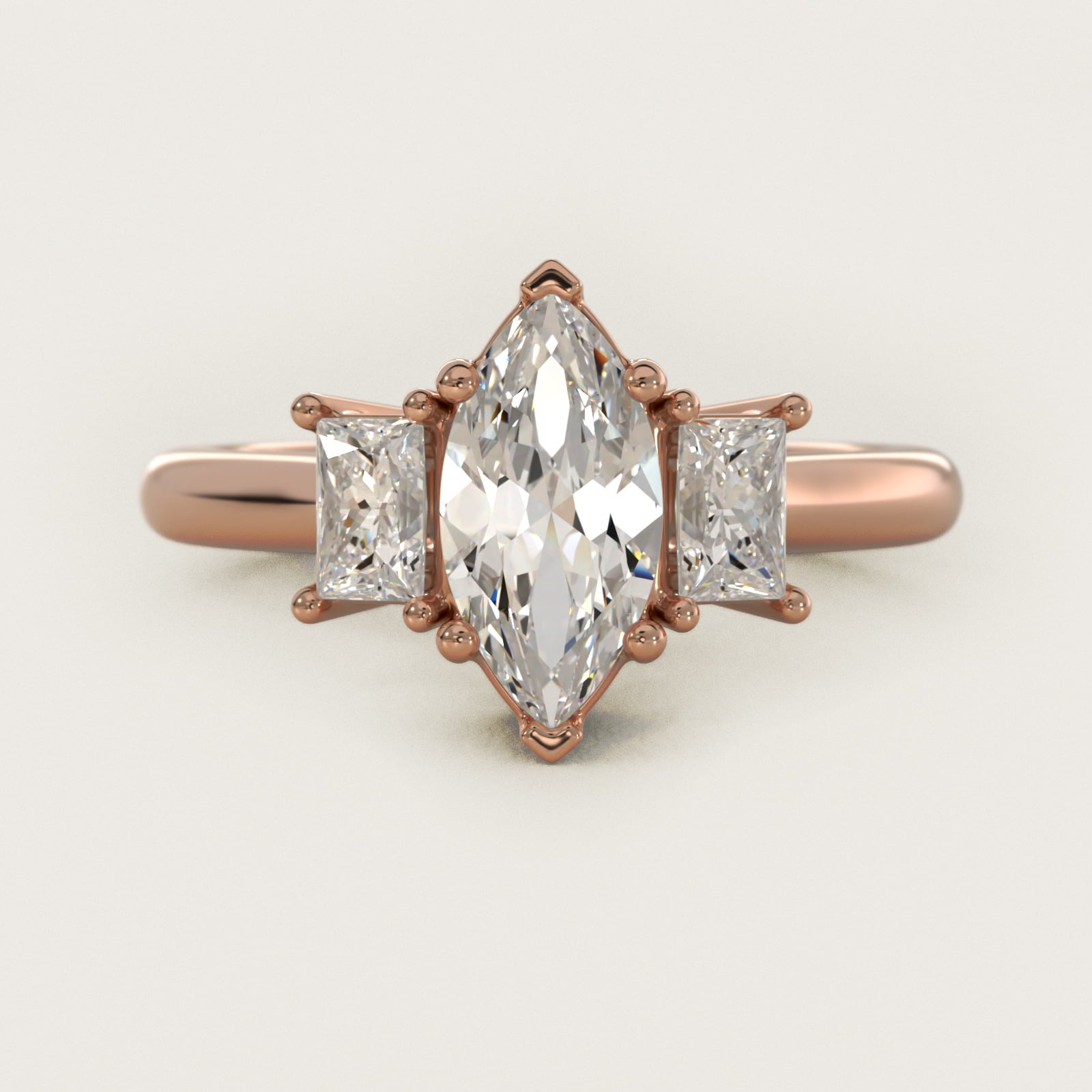 Three-Stone Elongated Princess Diamond Engagement Ring in 18k Rose Gold (1/2 ct. tw.) - Marquise Center