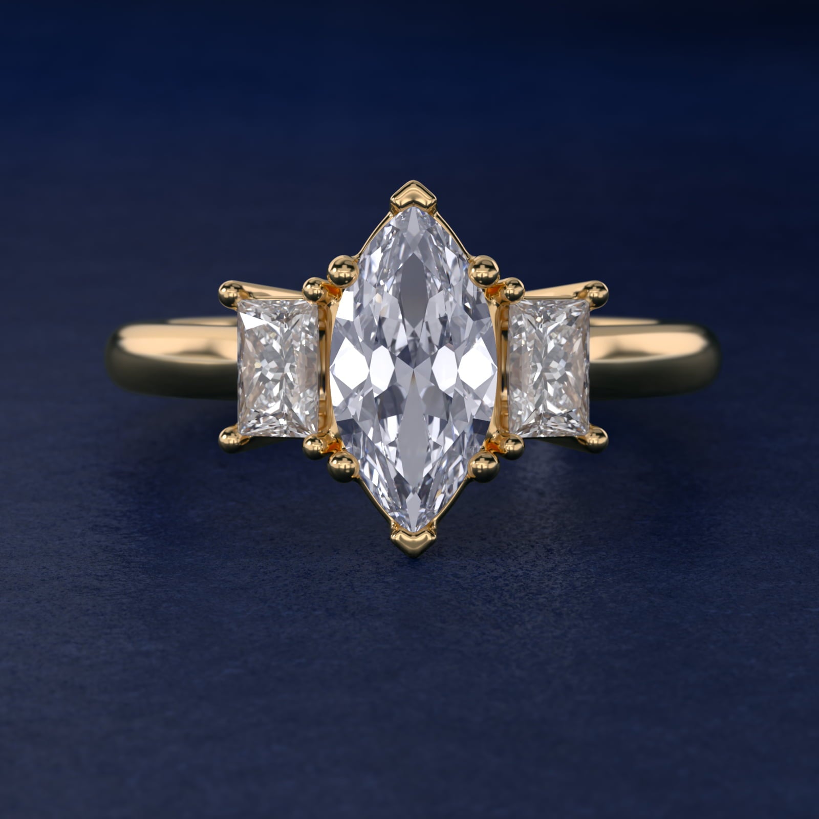 Three-Stone Elongated Princess Diamond Engagement Ring in 18k Yellow Gold (1/2 ct. tw.) - Marquise Center