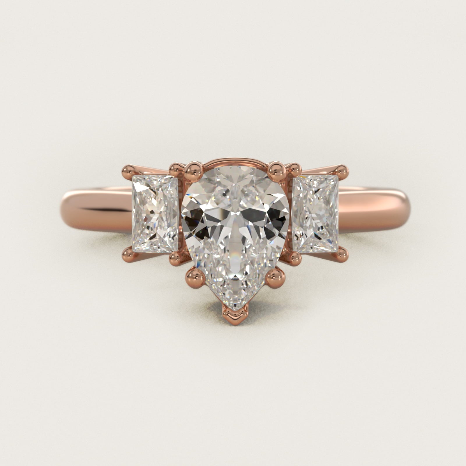 Three-Stone Elongated Princess Diamond Engagement Ring in 18k Rose Gold (1/2 ct. tw.) - Pear Center