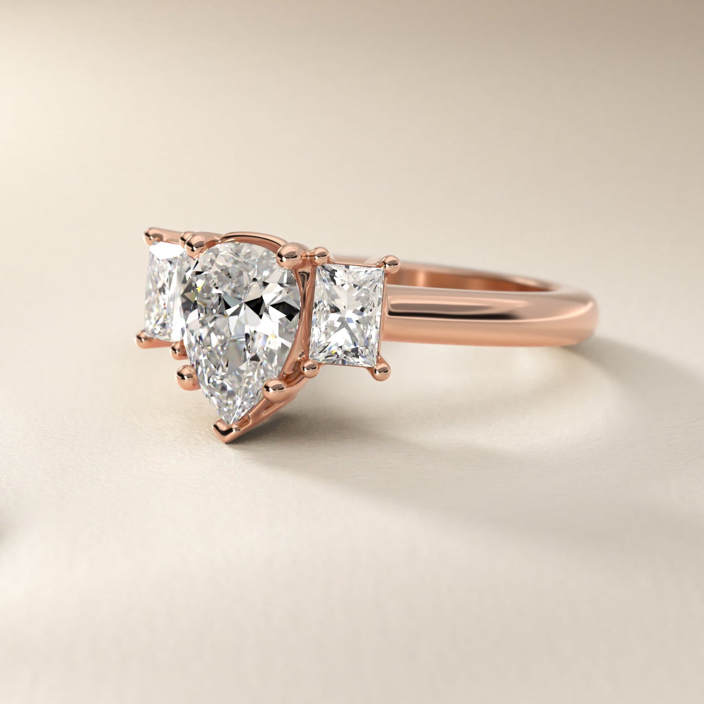 Three-Stone Elongated Princess Diamond Engagement Ring in 18k Rose Gold (1/2 ct. tw.) - Pear Center