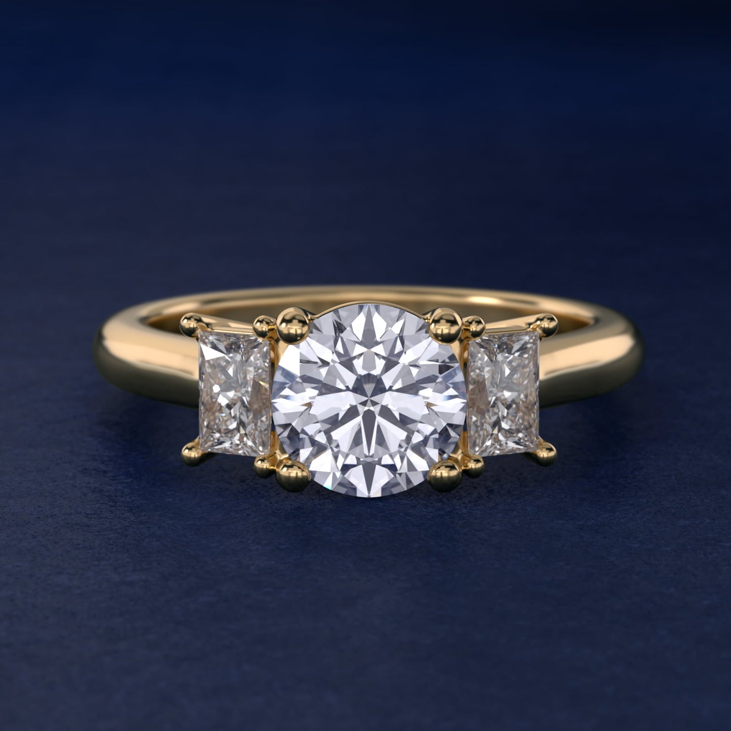 Three-Stone Elongated Princess Diamond Engagement Ring in 14K Yellow Gold (1/2 ct. tw.) - Round Center