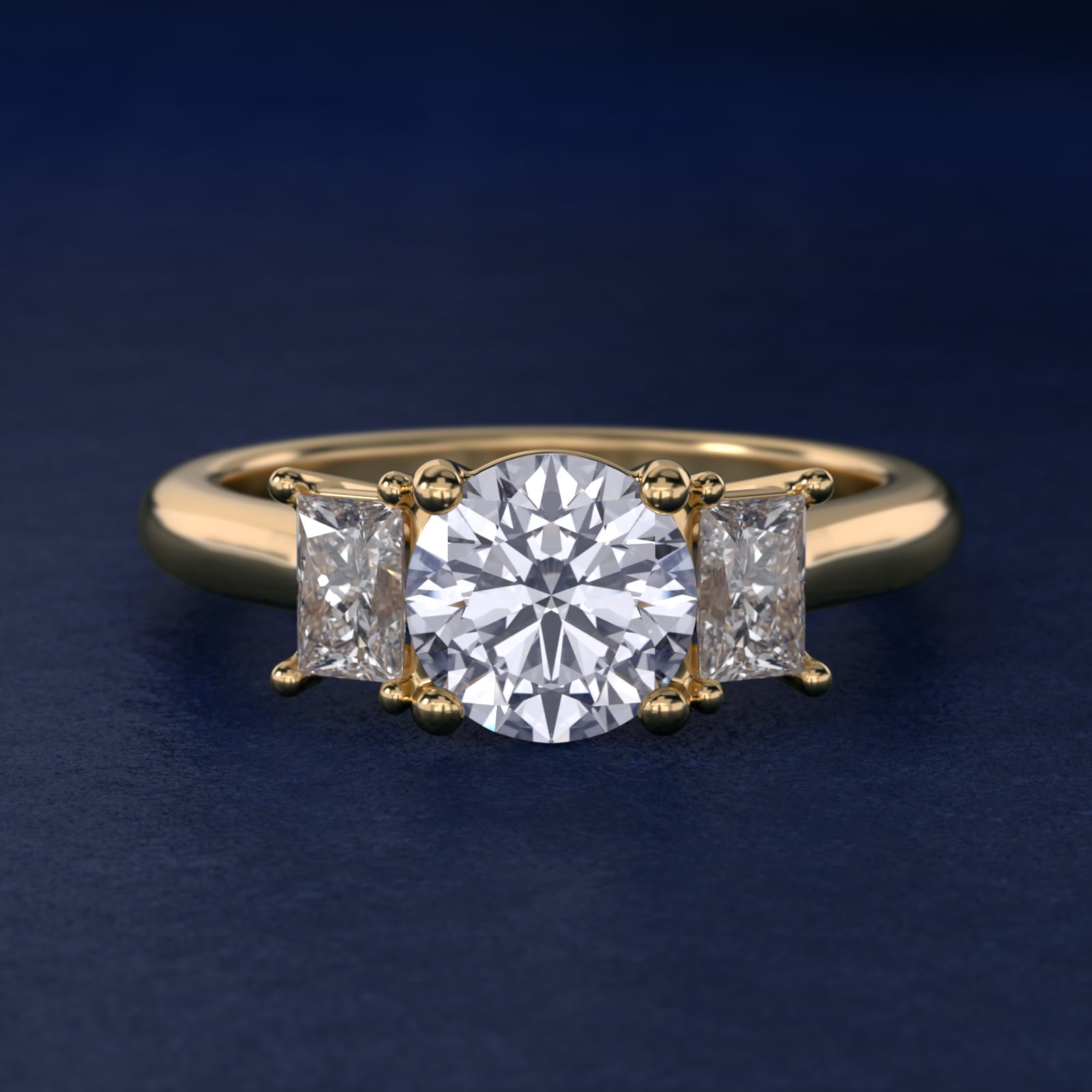 Three-Stone Elongated Princess Diamond Engagement Ring in 14K Yellow Gold (1/2 ct. tw.) - Round Center