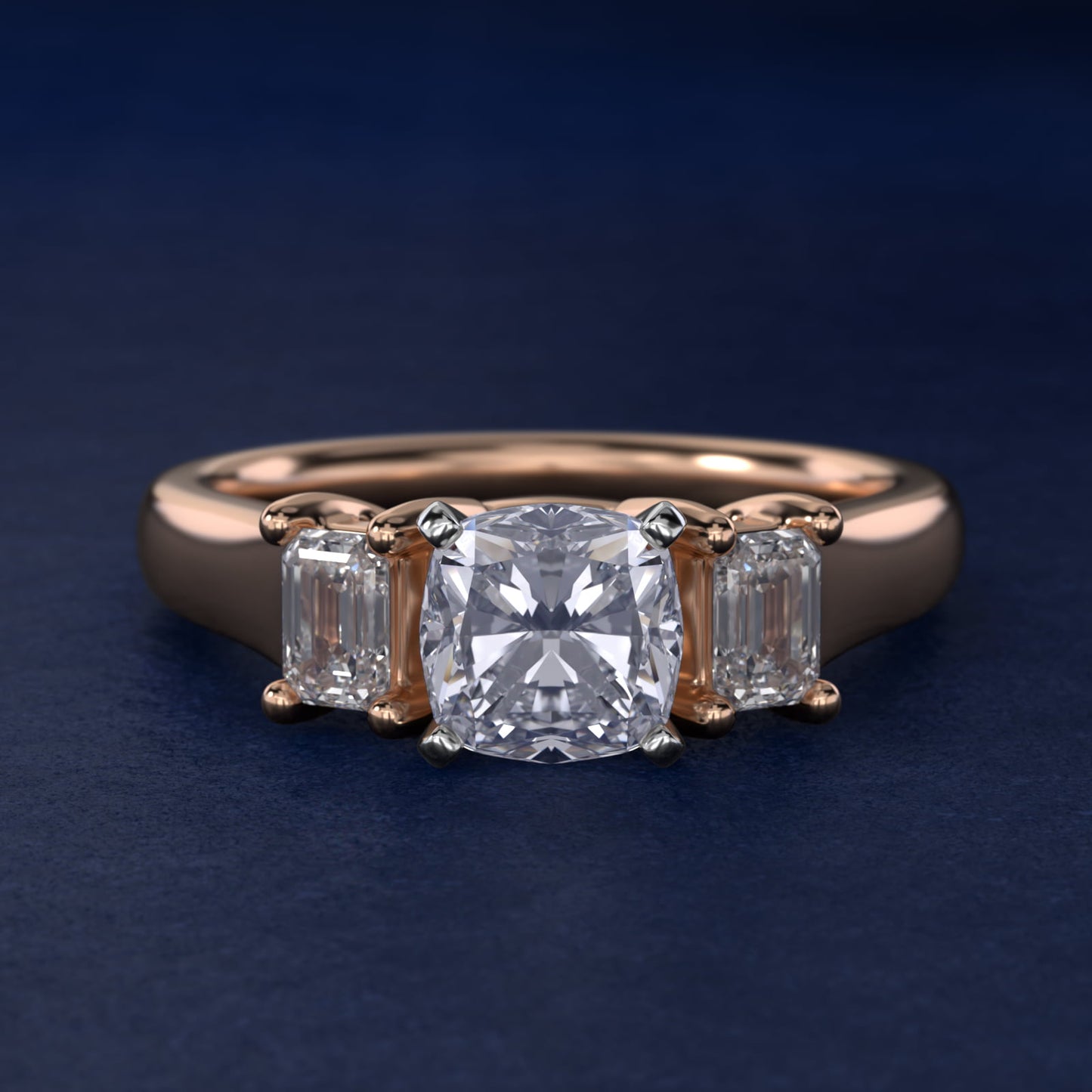 Three-Stone Emerald-Cut Diamond Engagement Ring in 14k Rose Gold (1/3 ct tw.) By Zac Zac Posen - Cushion Center
