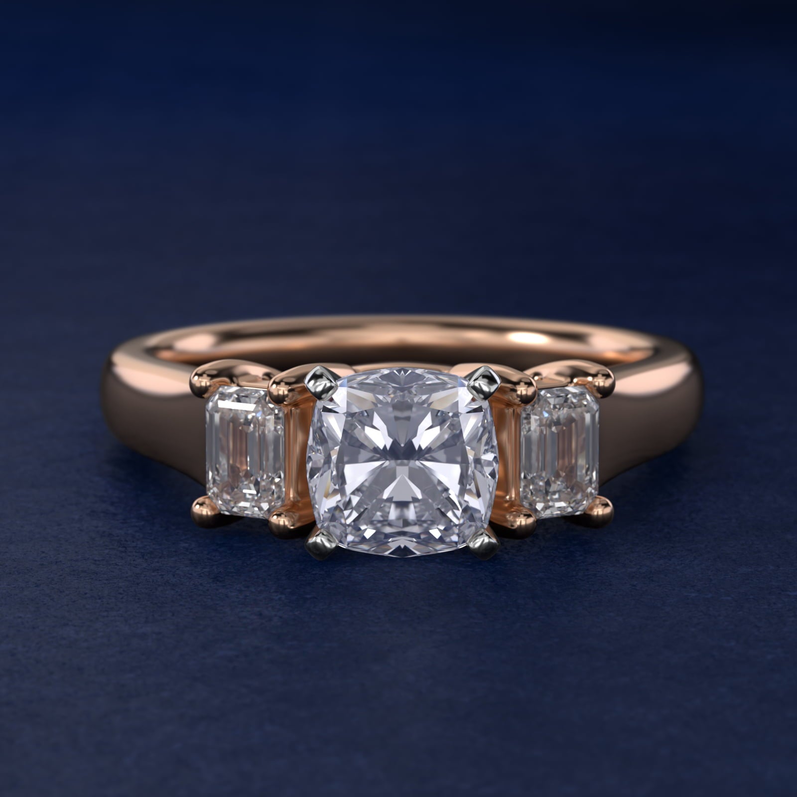 Three-Stone Emerald-Cut Diamond Engagement Ring in 14k Rose Gold (1/3 ct tw.) By Zac Zac Posen - Cushion Center
