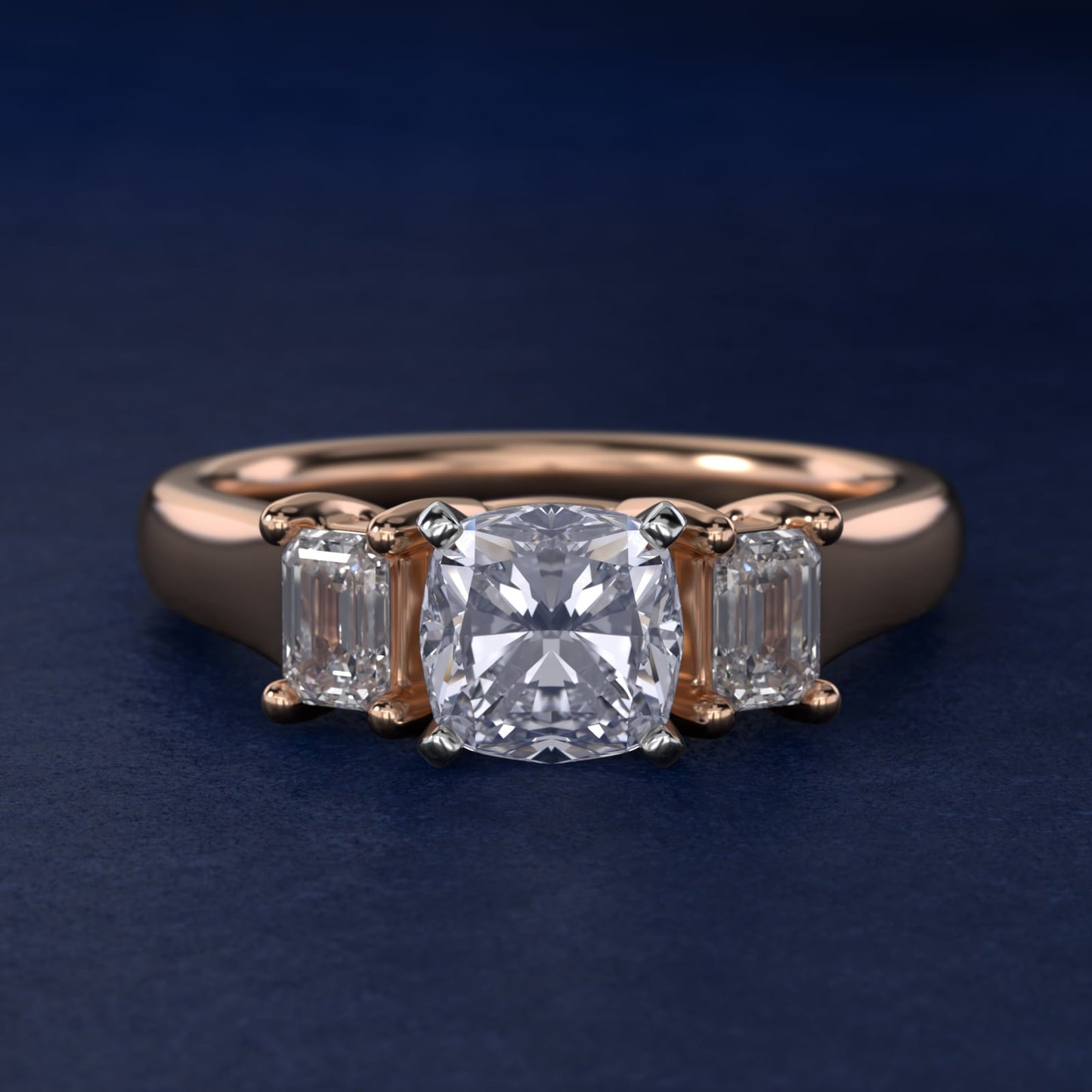 Three-Stone Emerald-Cut Diamond Engagement Ring in 18k Rose Gold (1/3 ct tw.) By Zac Zac Posen - Cushion Center