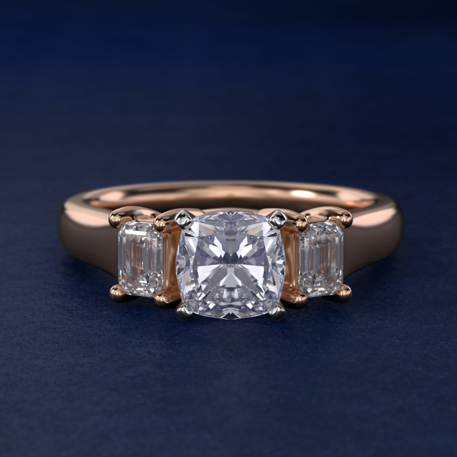 Three-Stone Emerald-Cut Diamond Engagement Ring in 18k Rose Gold (1/3 ct tw.) By Zac Zac Posen - Cushion Center