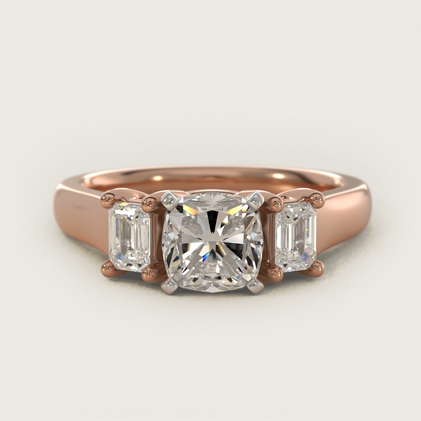Three-Stone Emerald-Cut Diamond Engagement Ring in 18k Rose Gold (1/3 ct tw.) By Zac Zac Posen - Cushion Center