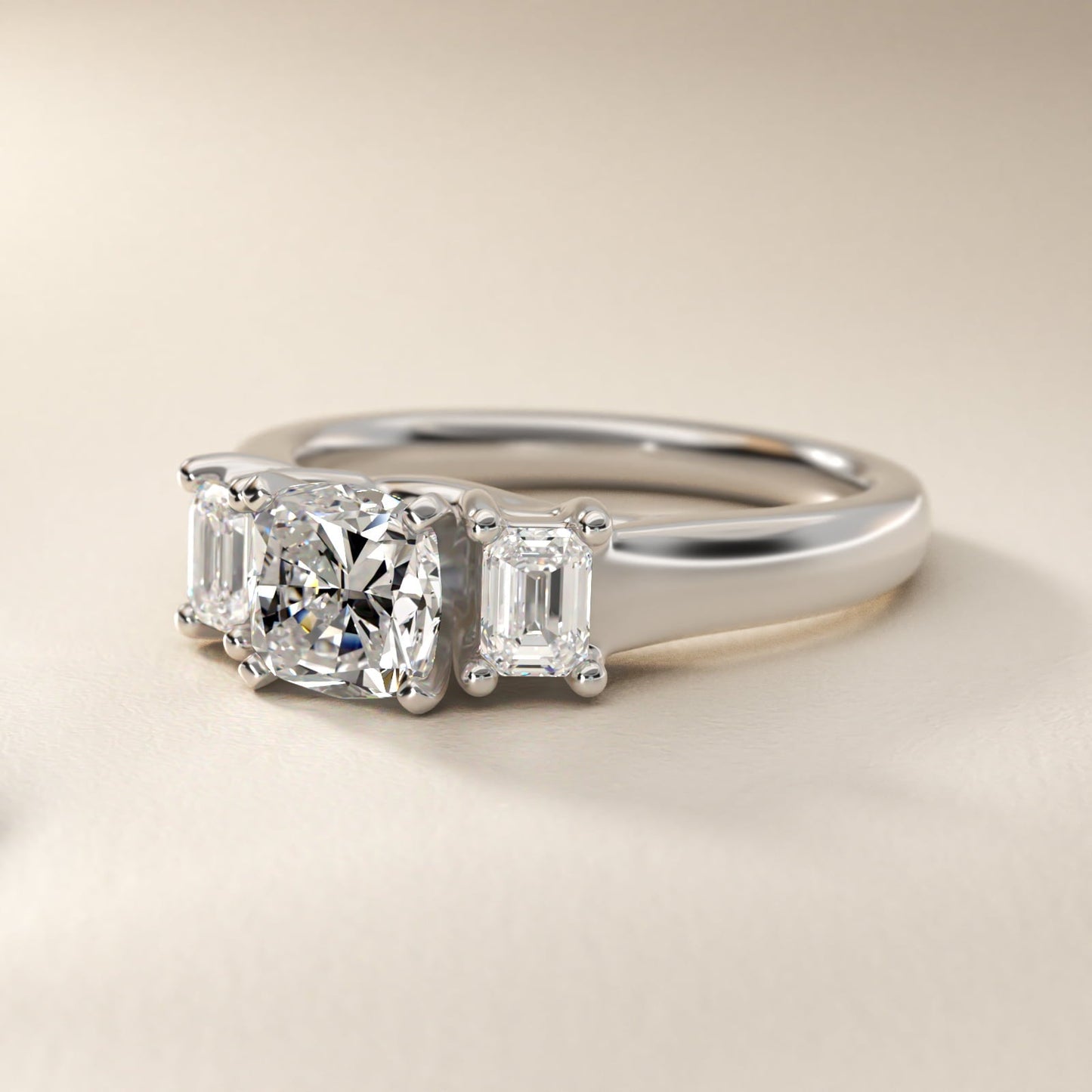 Three-Stone Emerald-Cut Diamond Engagement Ring in 18k White Gold (1/3 ct tw.) By Zac Zac Posen - Cushion Center
