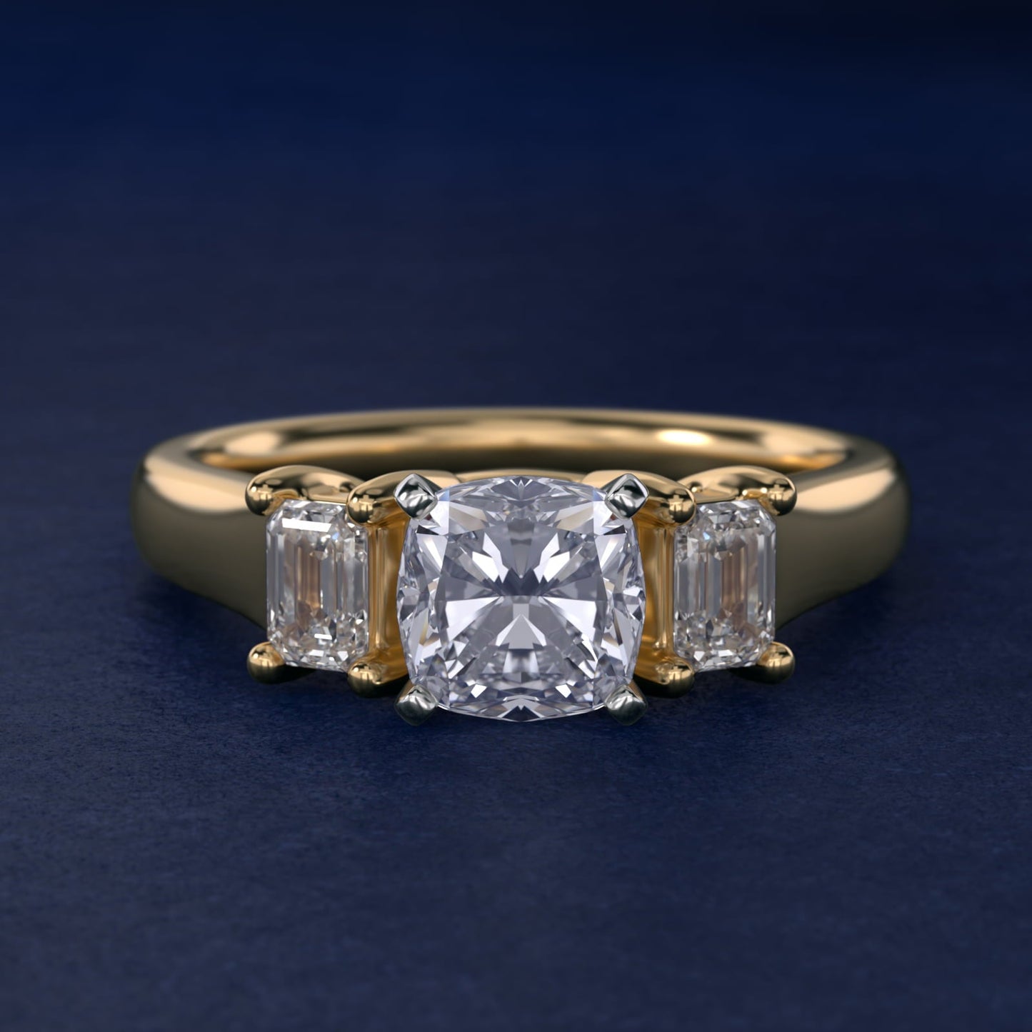 Three-Stone Emerald-Cut Diamond Engagement Ring in 18k Yellow Gold (1/3 ct tw.) By Zac Zac Posen - Cushion Center