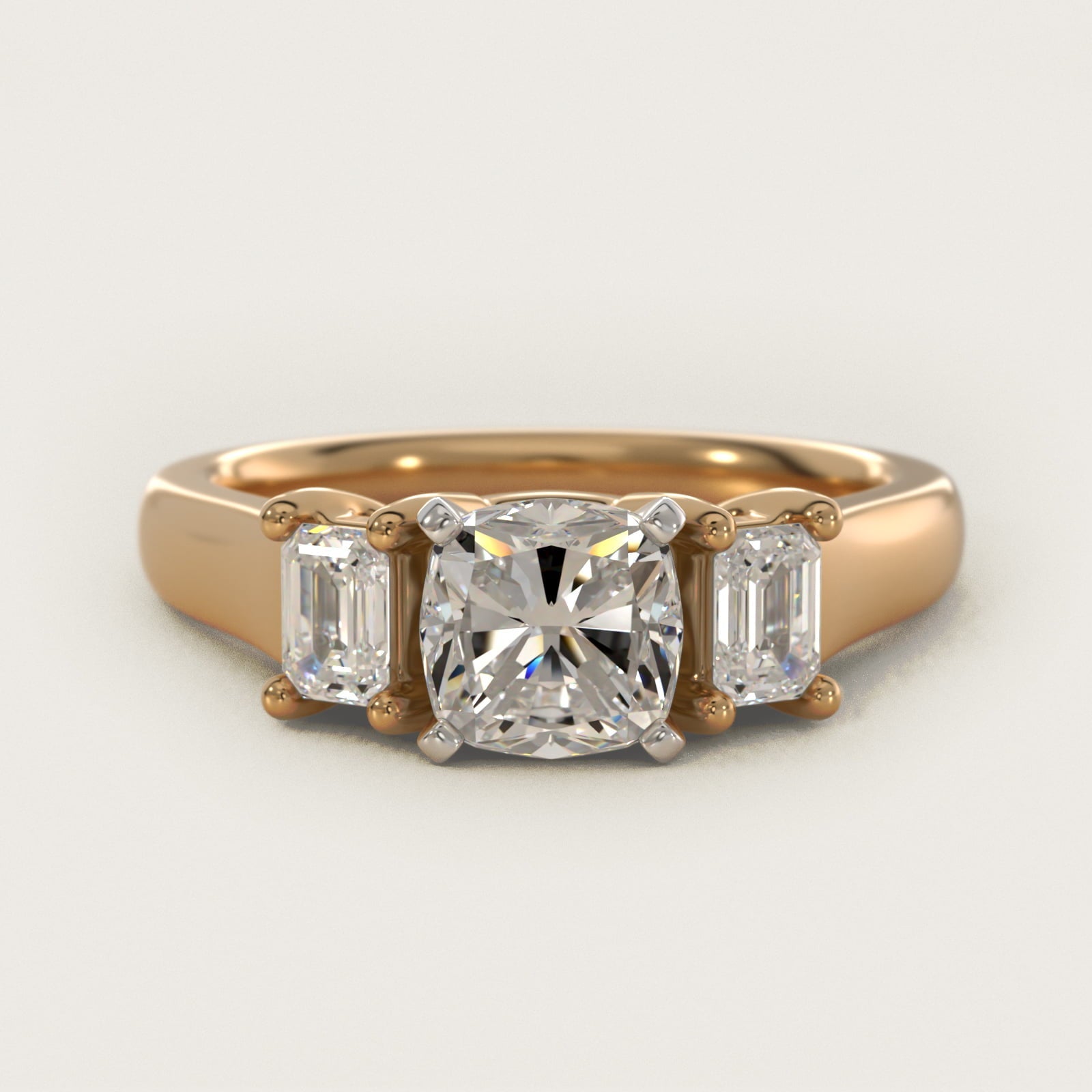 Three-Stone Emerald-Cut Diamond Engagement Ring in 18k Yellow Gold (1/3 ct tw.) By Zac Zac Posen - Cushion Center
