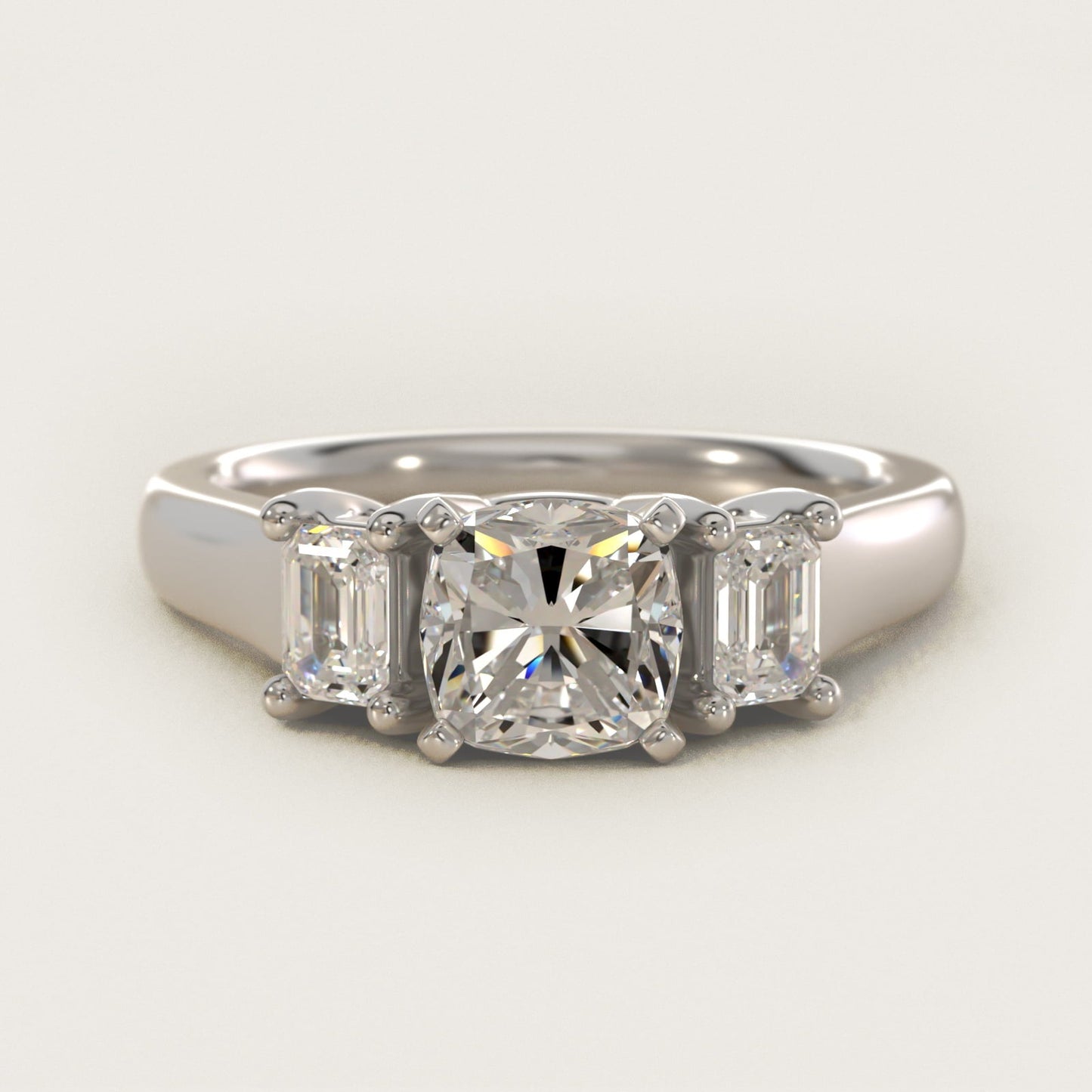 Three-Stone Emerald-Cut Diamond Engagement Ring in Platinum (1/3 ct tw.) By Zac Zac Posen - Cushion Center