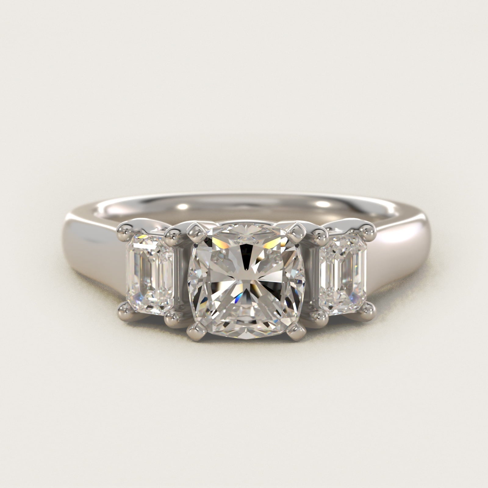 Three-Stone Emerald-Cut Diamond Engagement Ring in Platinum (1/3 ct tw.) By Zac Zac Posen - Cushion Center