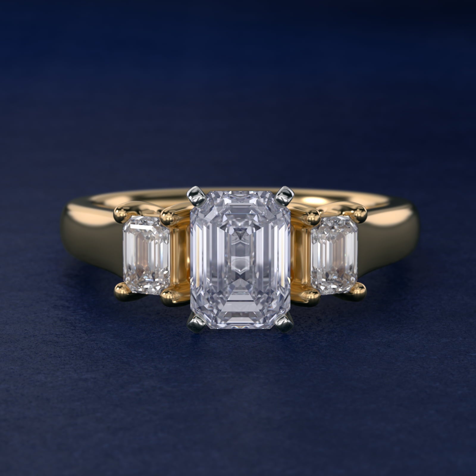 Three-Stone Emerald-Cut Diamond Engagement Ring in 18k Yellow Gold (1/3 ct tw.) By Zac Zac Posen - Emerald Center