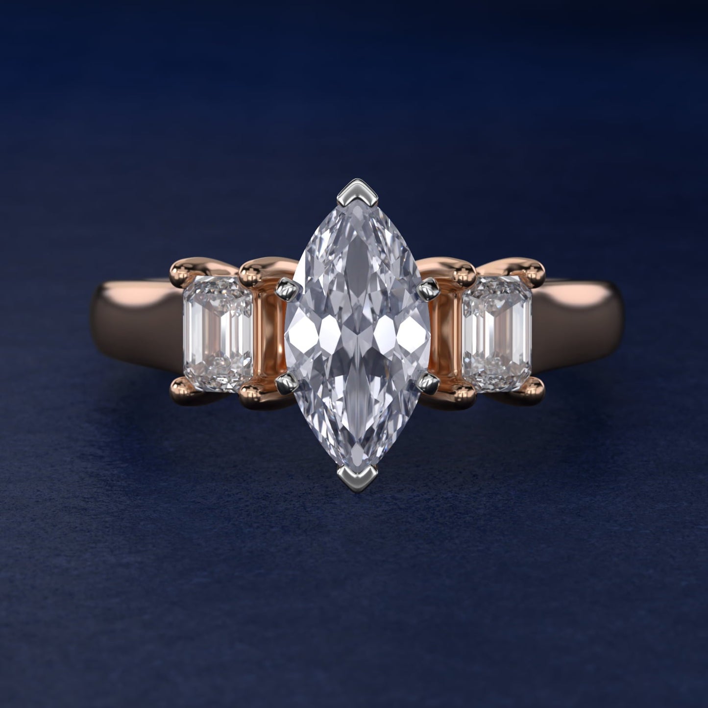 Three-Stone Emerald-Cut Diamond Engagement Ring in 18k Rose Gold (1/3 ct tw.) By Zac Zac Posen - Marquise Center