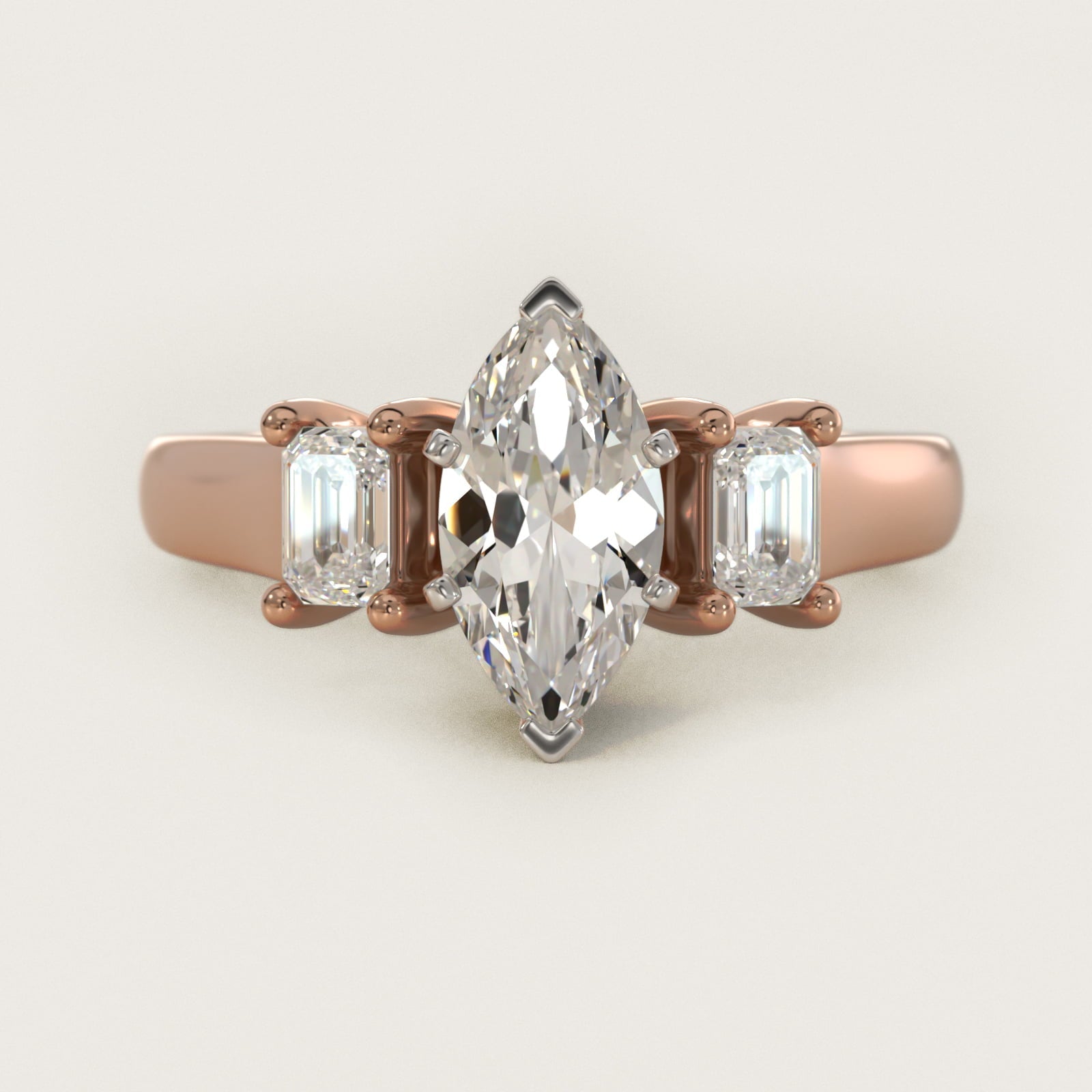 Three-Stone Emerald-Cut Diamond Engagement Ring in 18k Rose Gold (1/3 ct tw.) By Zac Zac Posen - Marquise Center