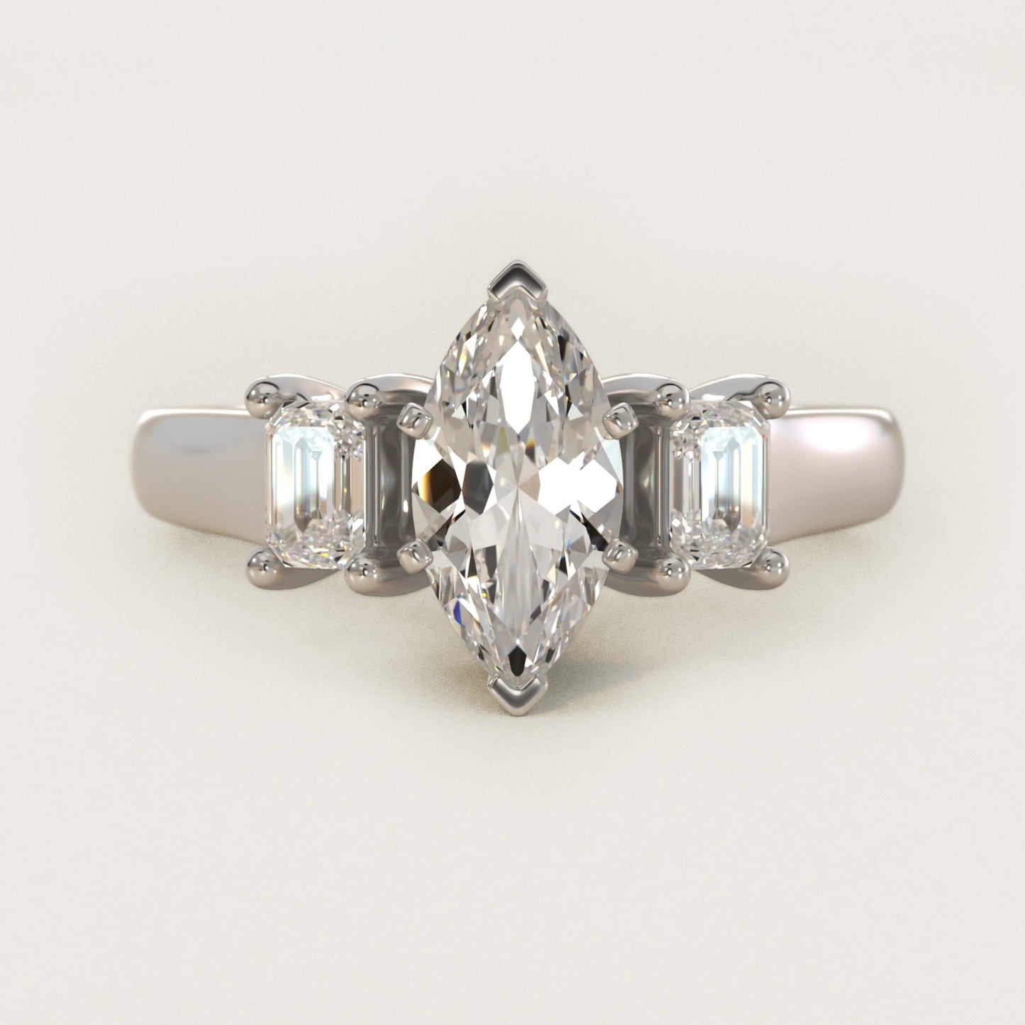 Three-Stone Emerald-Cut Diamond Engagement Ring in 18k White Gold (1/3 ct tw.) By Zac Zac Posen - Marquise Center