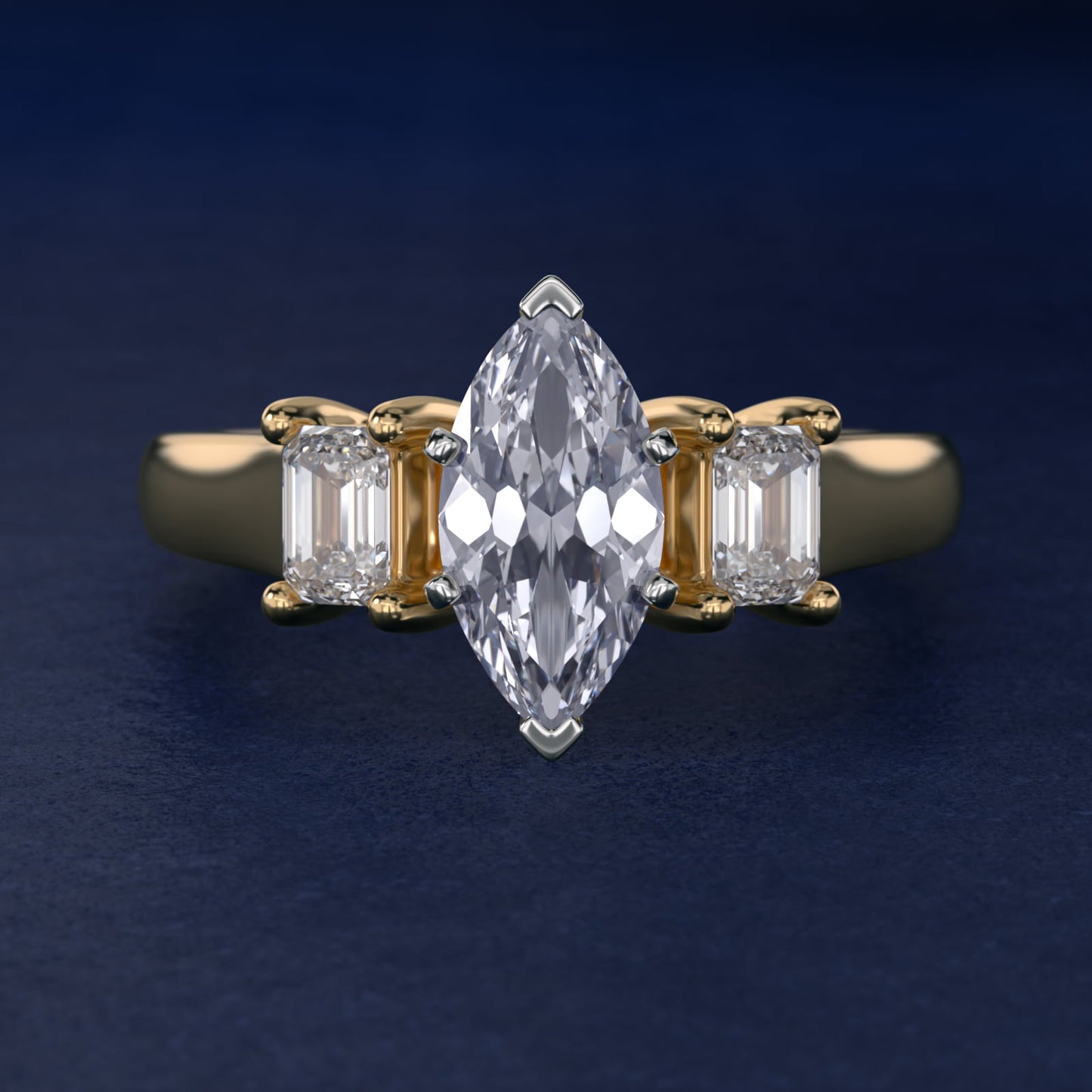 Three-Stone Emerald-Cut Diamond Engagement Ring in 14K Yellow Gold (1/3 ct tw.) By Zac Zac Posen - Marquise Center