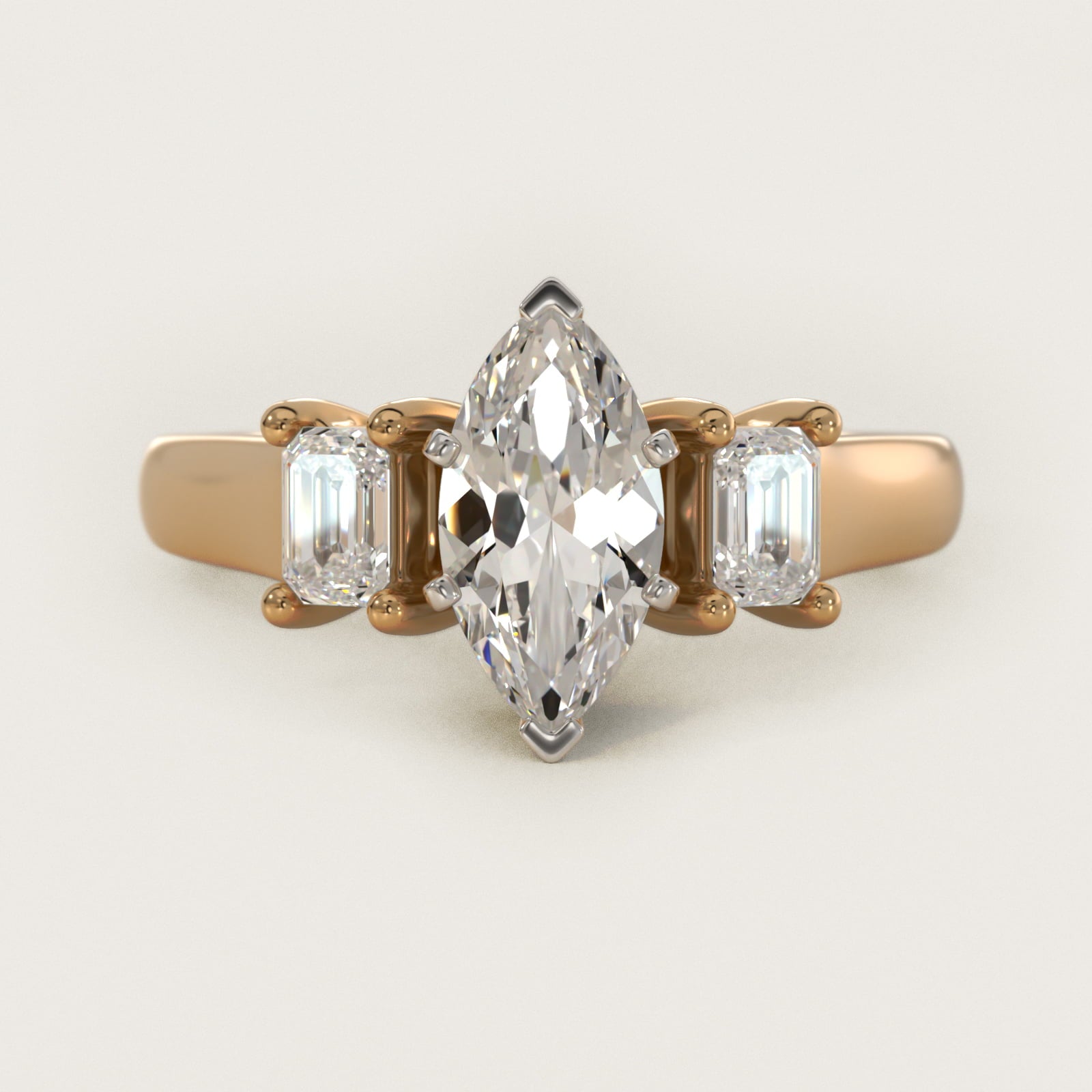 Three-Stone Emerald-Cut Diamond Engagement Ring in 14K Yellow Gold (1/3 ct tw.) By Zac Zac Posen - Marquise Center