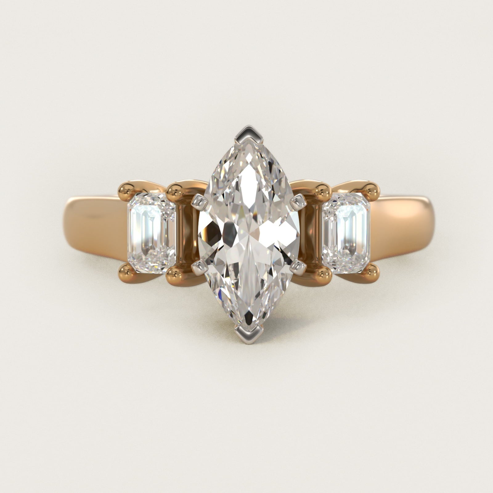 Three-Stone Emerald-Cut Diamond Engagement Ring in 18k Yellow Gold (1/3 ct tw.) By Zac Zac Posen - Marquise Center
