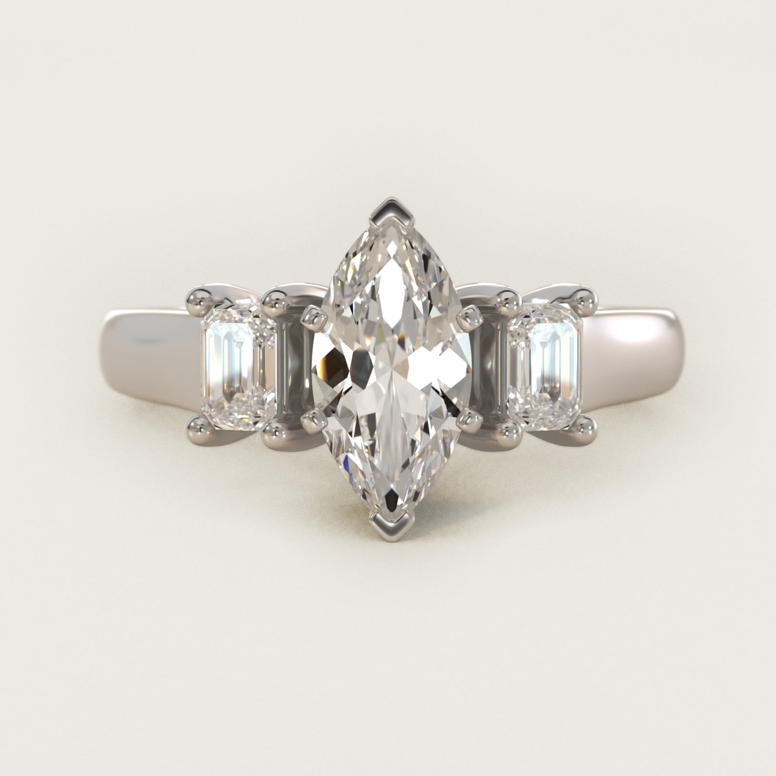 Three-Stone Emerald-Cut Diamond Engagement Ring in Platinum (1/3 ct tw.) By Zac Zac Posen - Marquise Center