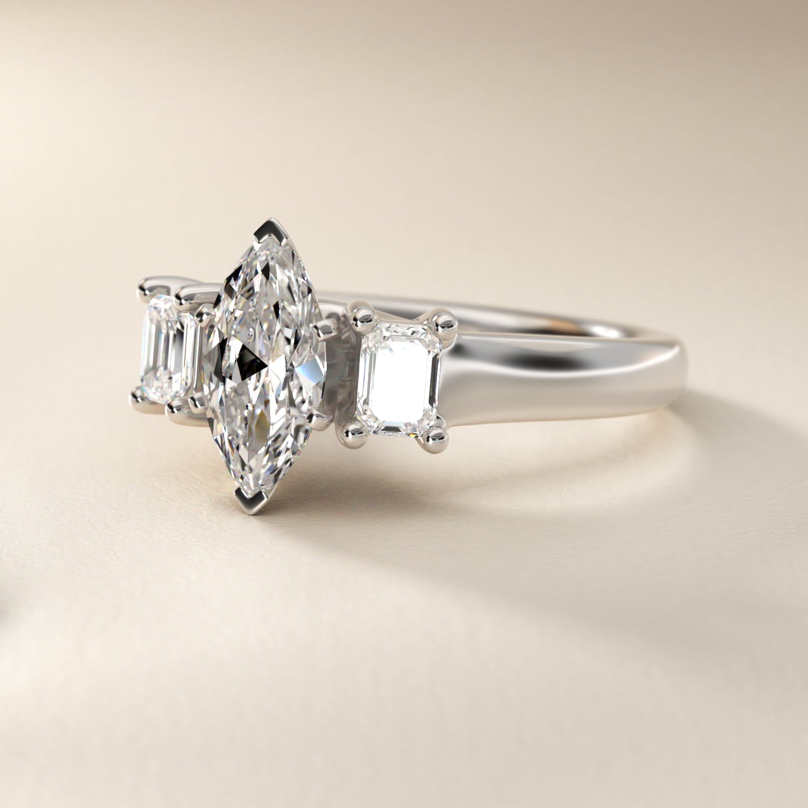 Three-Stone Emerald-Cut Diamond Engagement Ring in Platinum (1/3 ct tw.) By Zac Zac Posen - Marquise Center