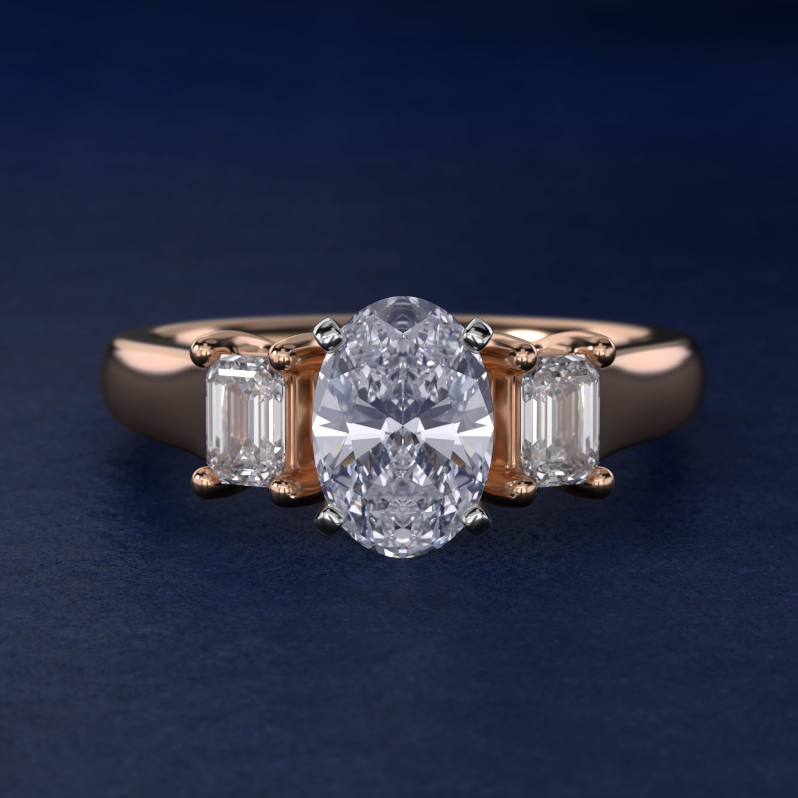 Three-Stone Emerald-Cut Diamond Engagement Ring in 18k Rose Gold (1/3 ct tw.) By Zac Zac Posen - Oval Center