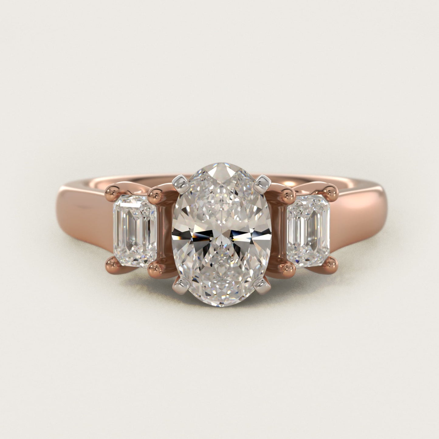Three-Stone Emerald-Cut Diamond Engagement Ring in 14k Rose Gold (1/3 ct tw.) By Zac Zac Posen - Oval Center