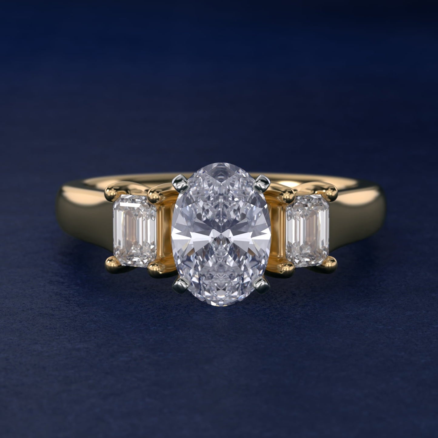 Three-Stone Emerald-Cut Diamond Engagement Ring in 18k Yellow Gold (1/3 ct tw.) By Zac Zac Posen - Oval Center