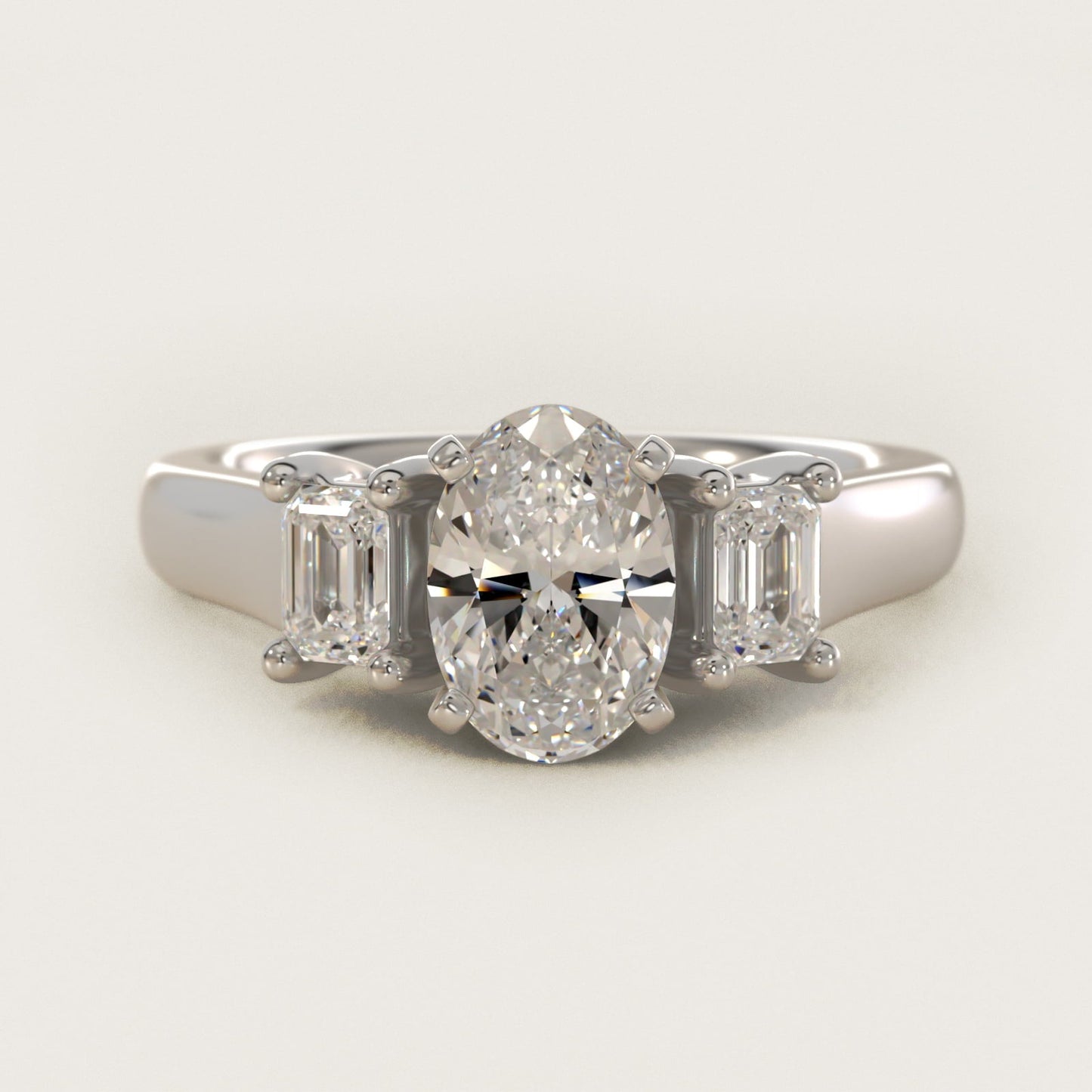 Three-Stone Emerald-Cut Diamond Engagement Ring in Platinum (1/3 ct tw.) By Zac Zac Posen - Oval Center