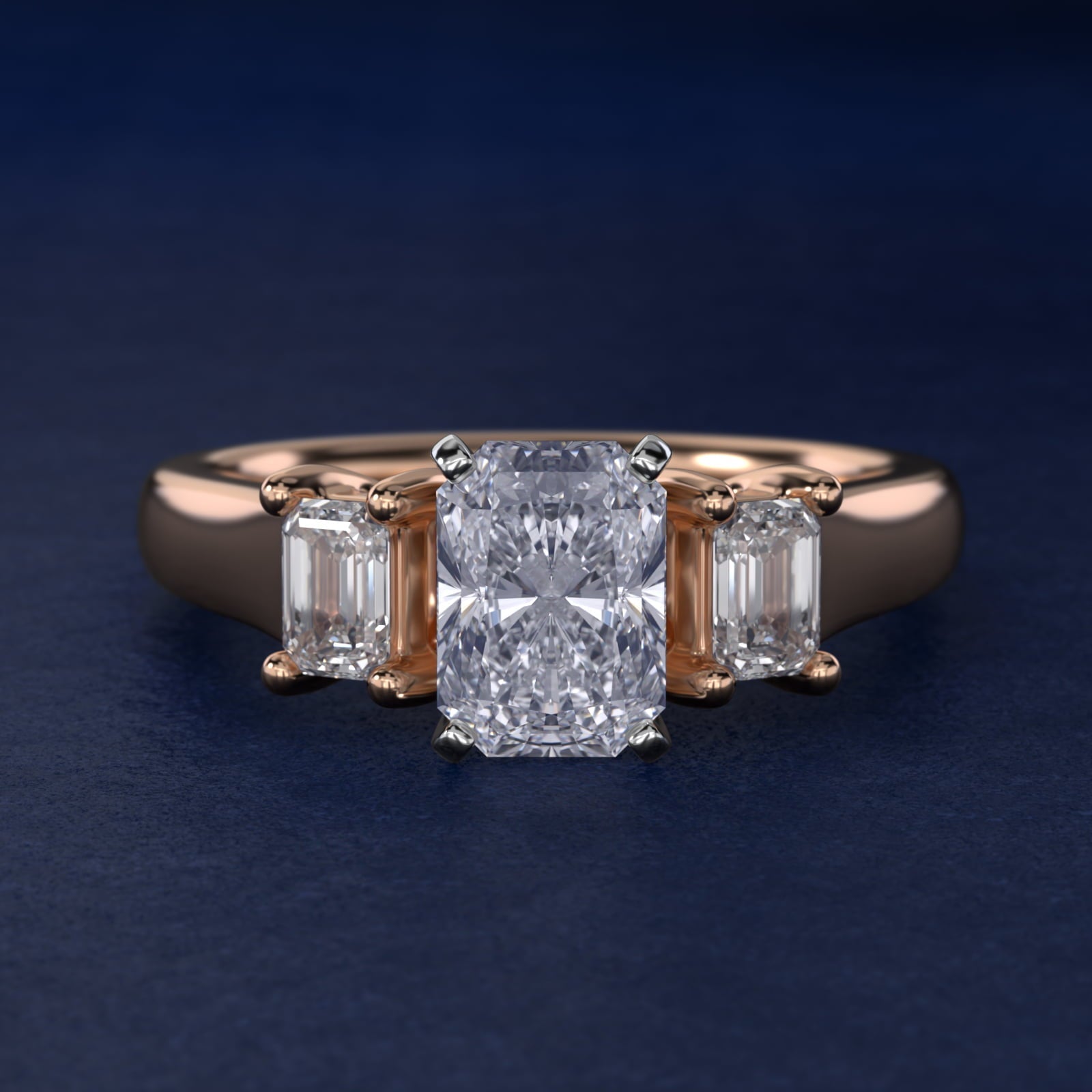Three-Stone Emerald-Cut Diamond Engagement Ring in 18k Rose Gold (1/3 ct tw.) By Zac Zac Posen - Radiant Center