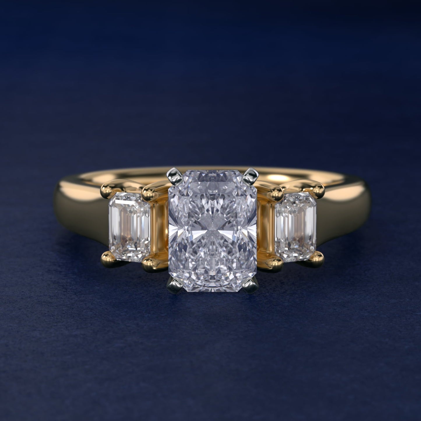 Three-Stone Emerald-Cut Diamond Engagement Ring in 18k Yellow Gold (1/3 ct tw.) By Zac Zac Posen - Radiant Center