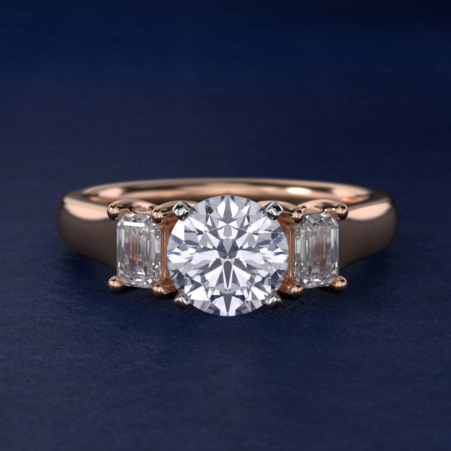 Three-Stone Emerald-Cut Diamond Engagement Ring in 14k Rose Gold (1/3 ct tw.) By Zac Zac Posen - Round Center
