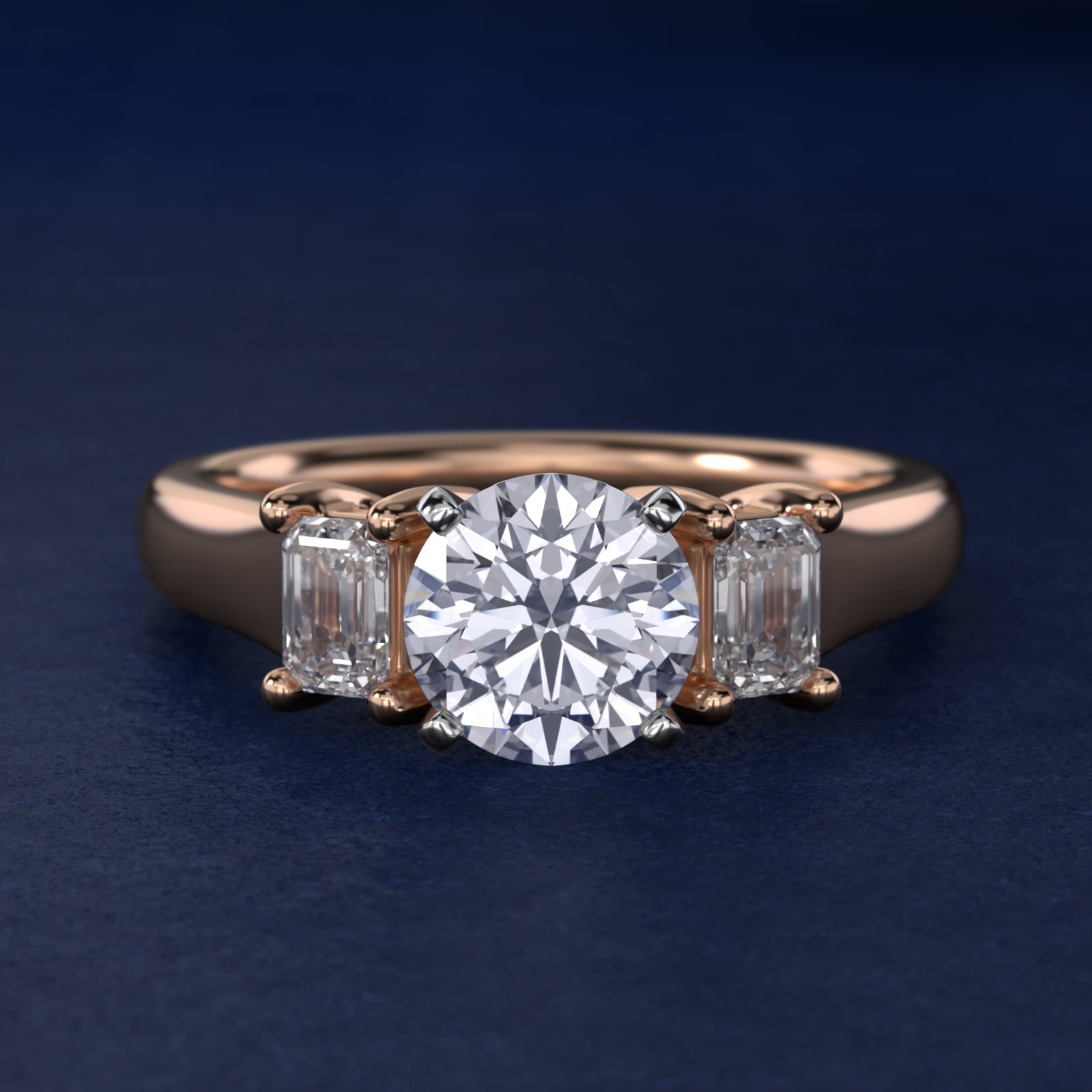 Three-Stone Emerald-Cut Diamond Engagement Ring in 18k Rose Gold (1/3 ct tw.) By Zac Zac Posen - Round Center