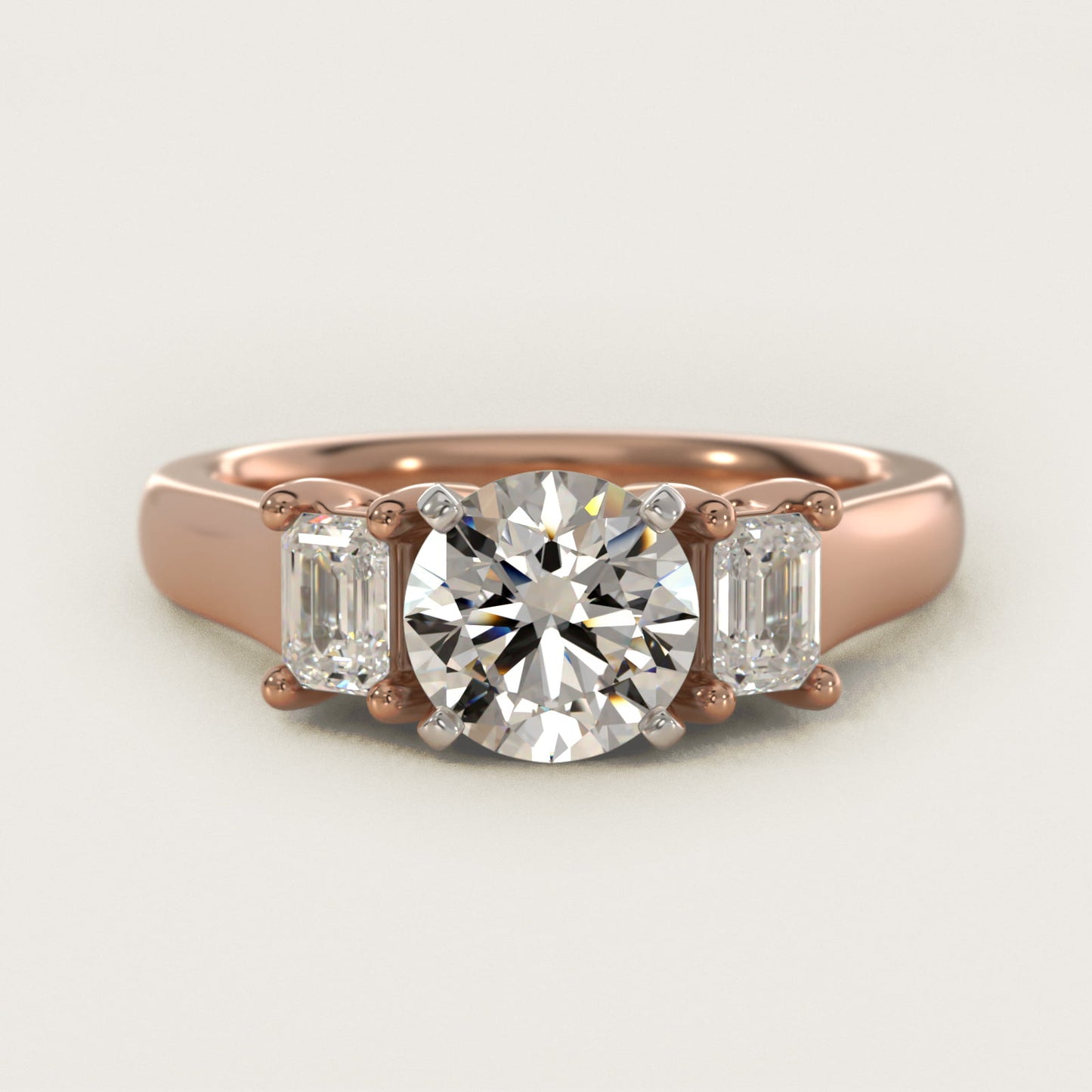Three-Stone Emerald-Cut Diamond Engagement Ring in 14k Rose Gold (1/3 ct tw.) By Zac Zac Posen - Round Center