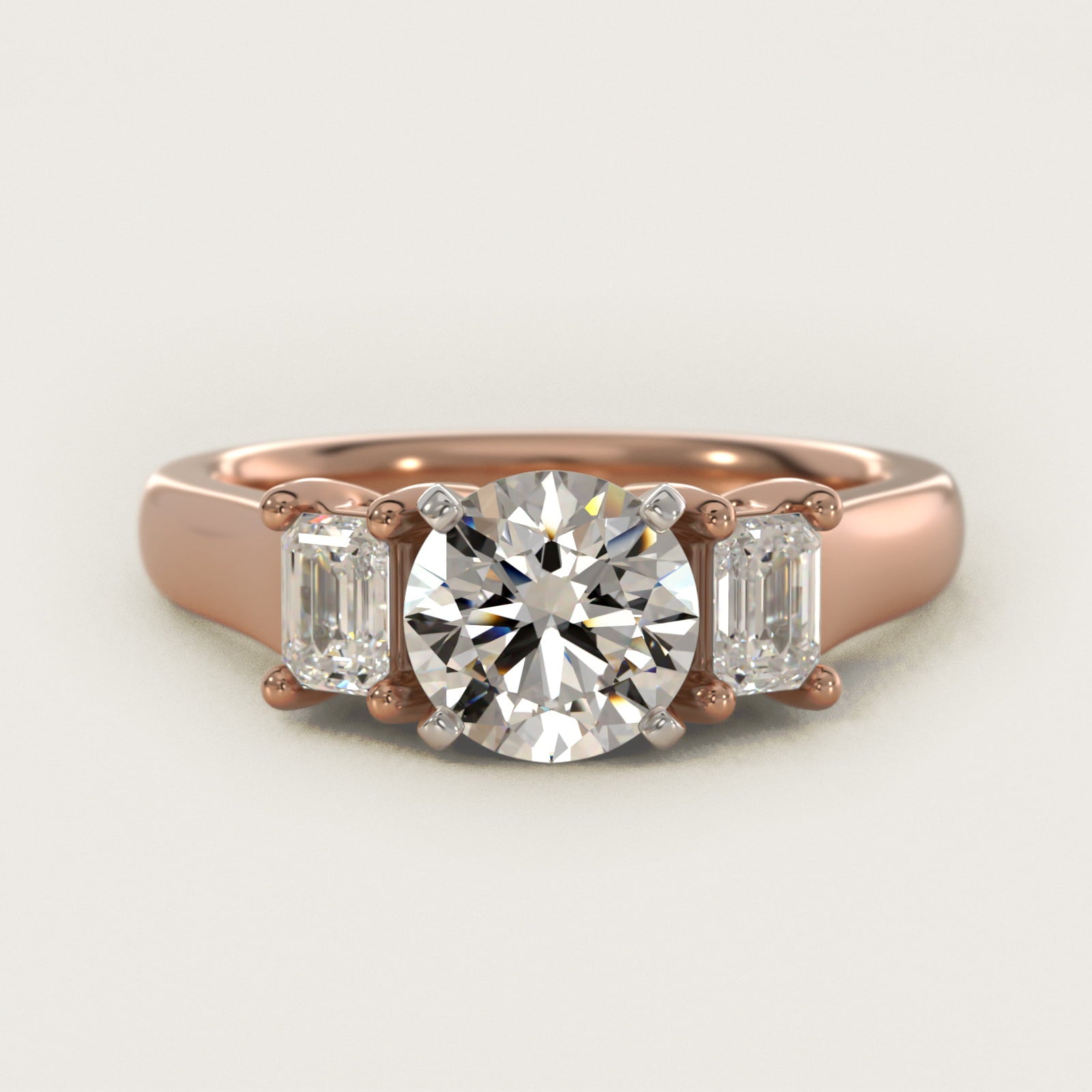 Three-Stone Emerald-Cut Diamond Engagement Ring in 14k Rose Gold (1/3 ct tw.) By Zac Zac Posen - Round Center